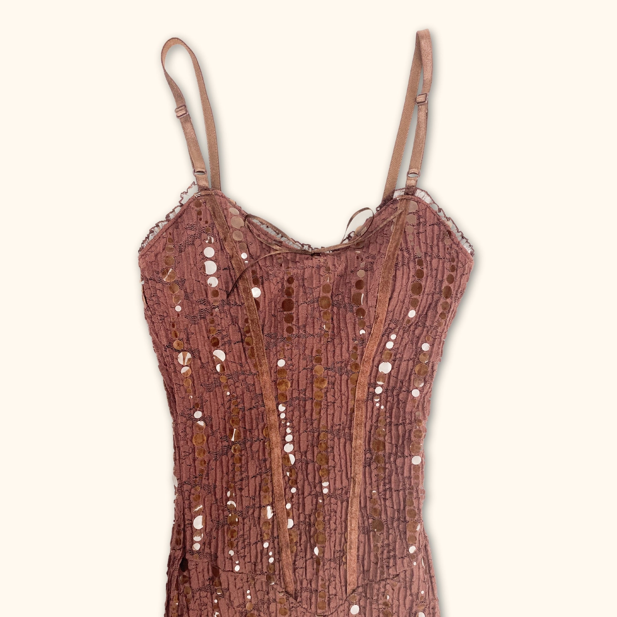 Y2K Brown Lace Midi Dress - Size Small - - Dresses