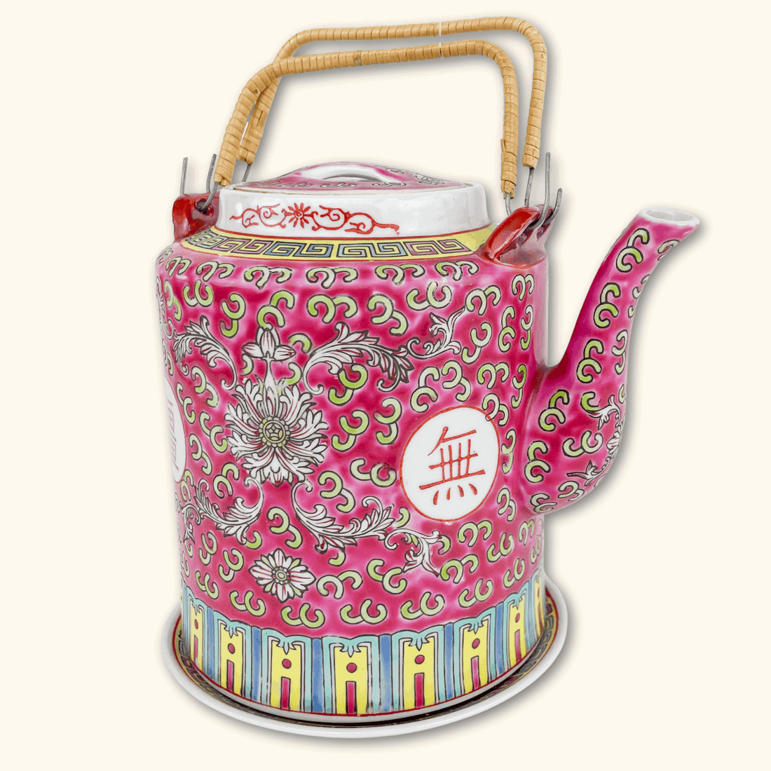 Antique Chinese Longevity Pink Teapot and Plate -  - Kitchenware