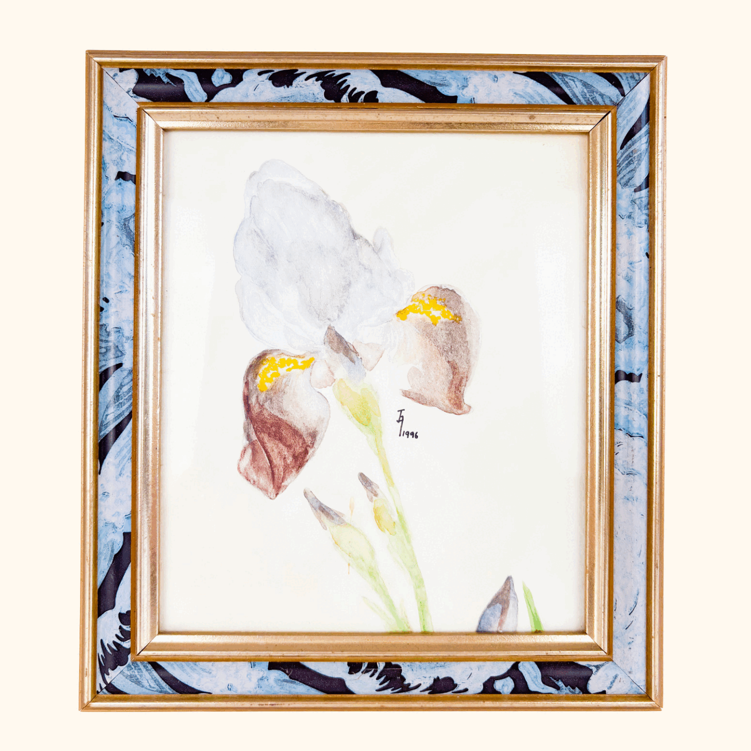 Vintage 1996 Framed Iris Watercolour Painting Sunshine Thrift