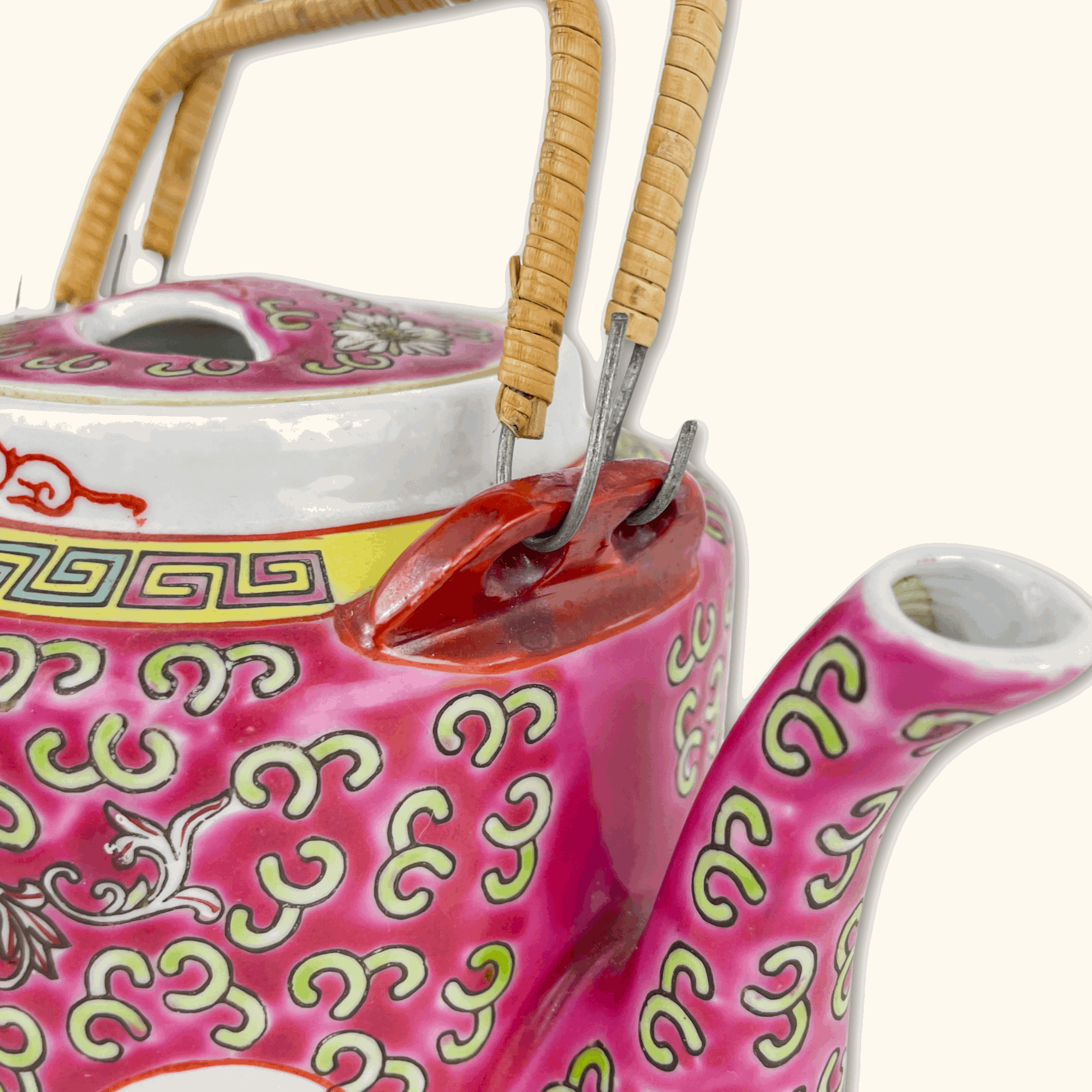 Antique Chinese Longevity Pink Teapot and Plate -  - Kitchenware