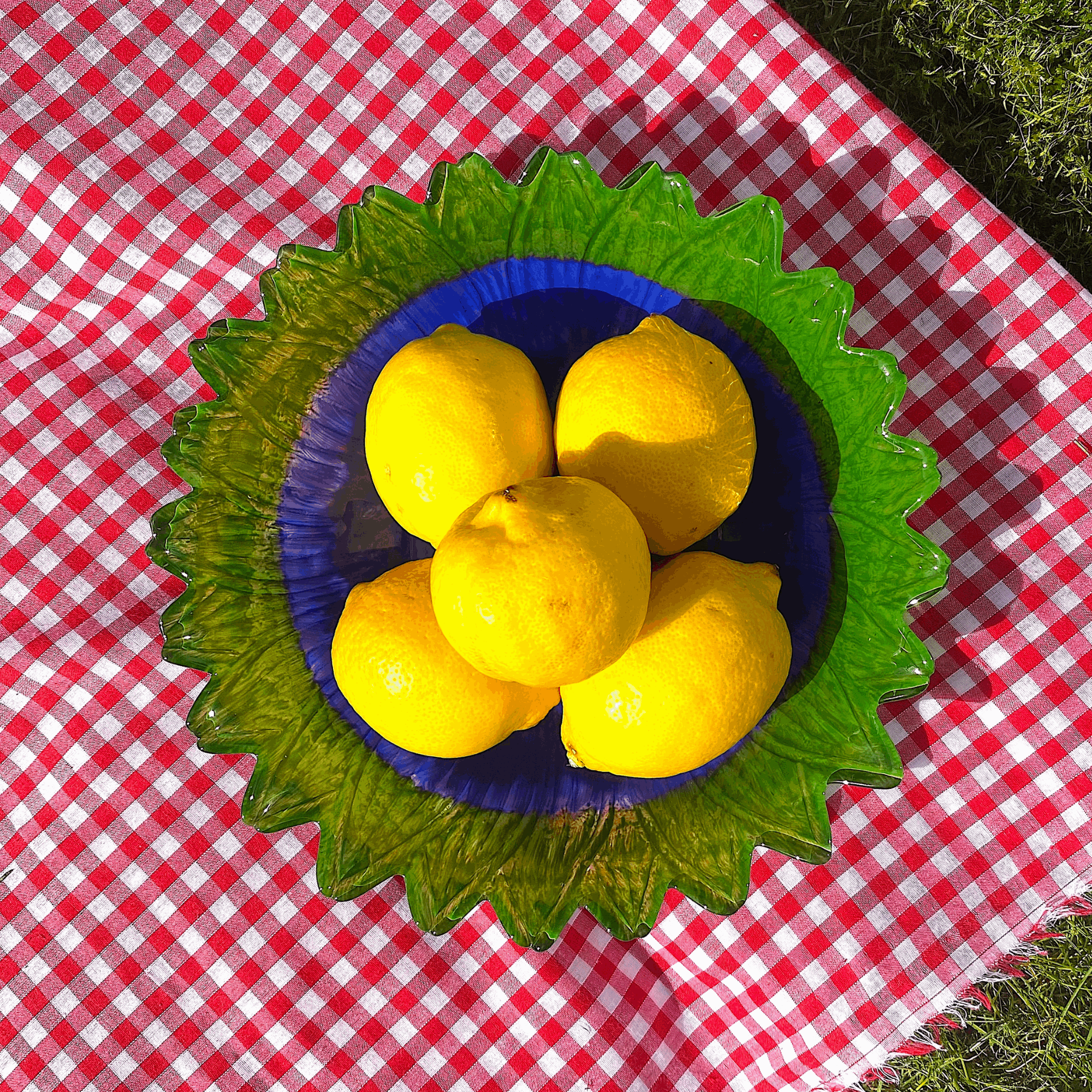 Mid-century Glass Serving Bowl Blue Flower -  - Kitchenware