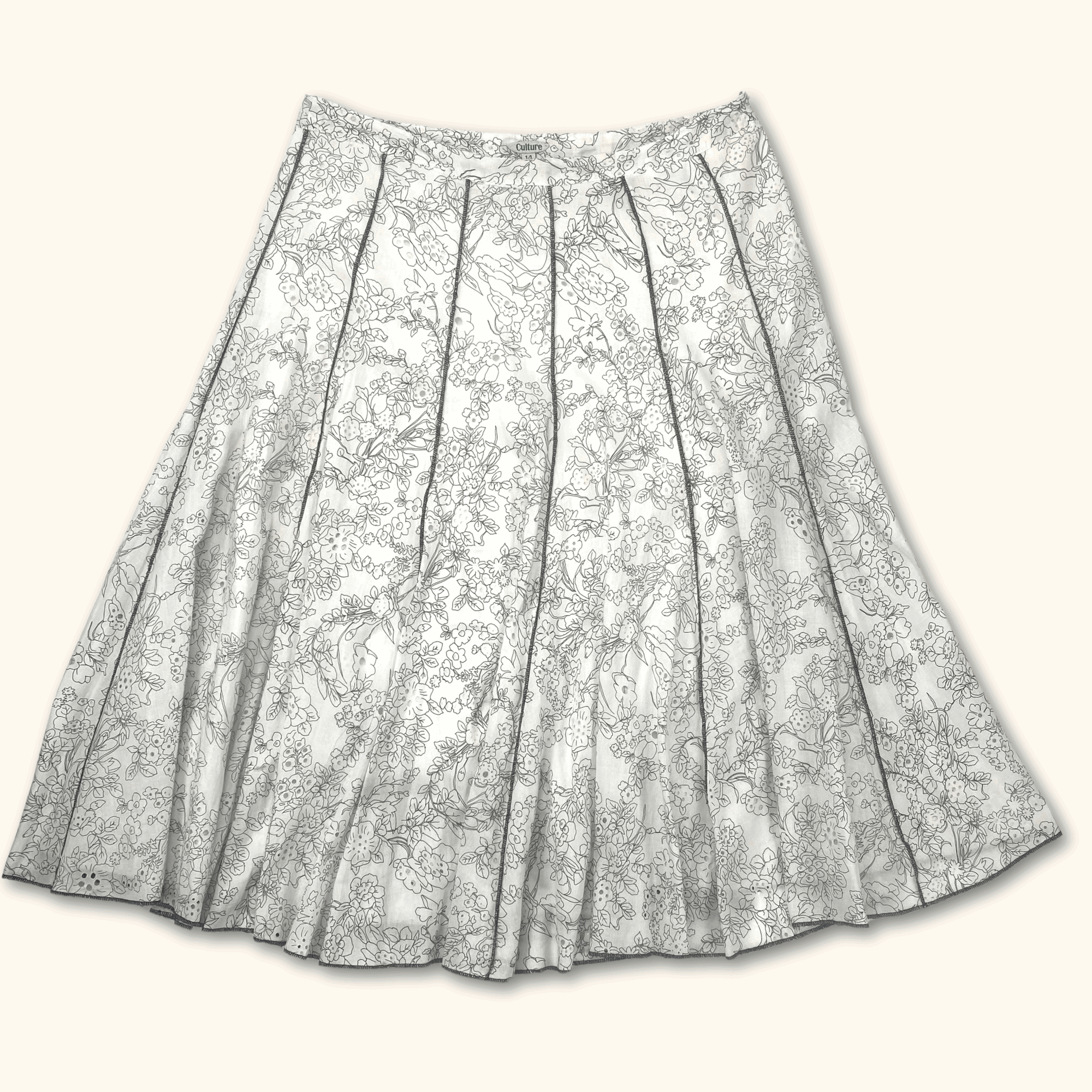 White Floral Vintage A-Line Midi Skirt - Size 14 - - Skirts