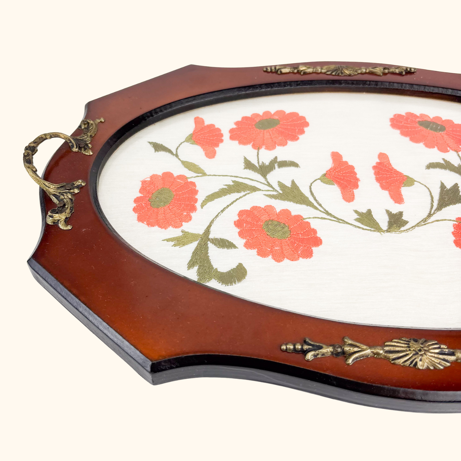 Daisy Floral Embroidery Wood Serving Tray - - Trays
