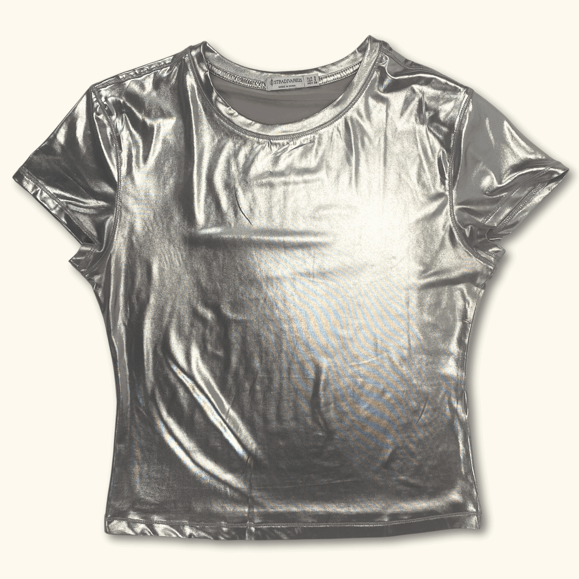 Stradivarius Metallic Shiny Silver T-Shirt - Size Small - - Tops & Shirts