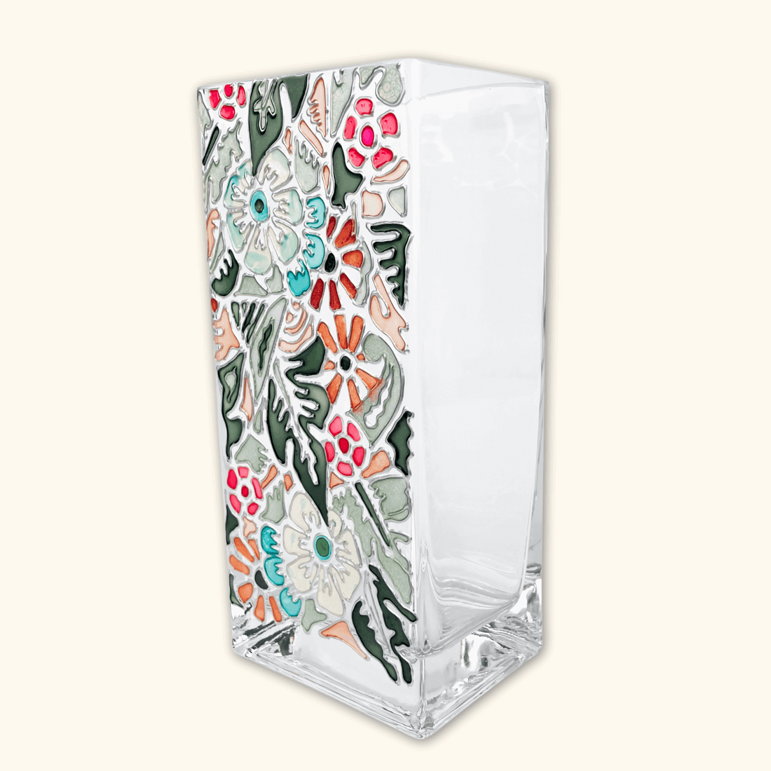 Tall Floral Rectangle Glass Vase -  - Vases