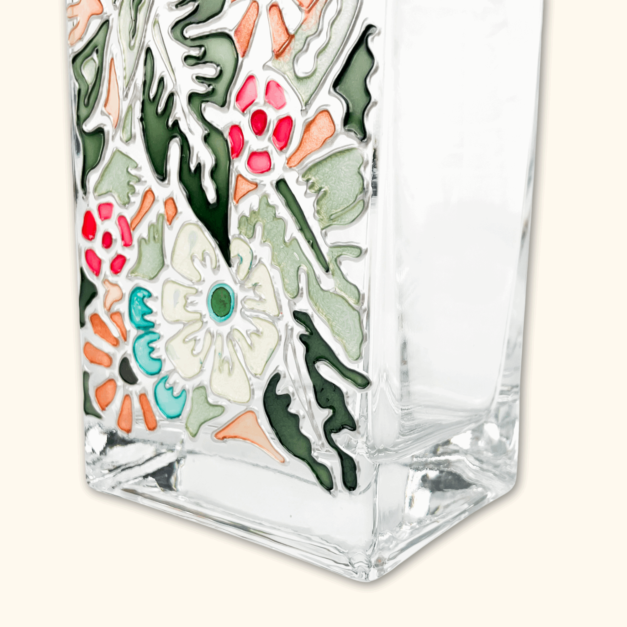Tall Floral Rectangle Glass Vase -  - Vases