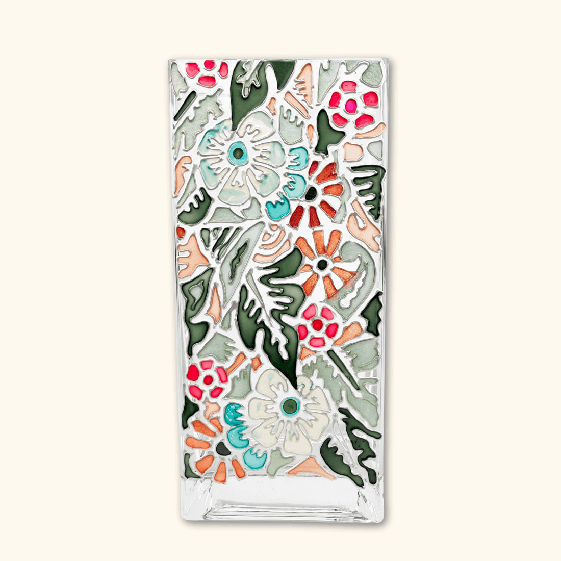 Tall Floral Rectangle Glass Vase -  - Vases