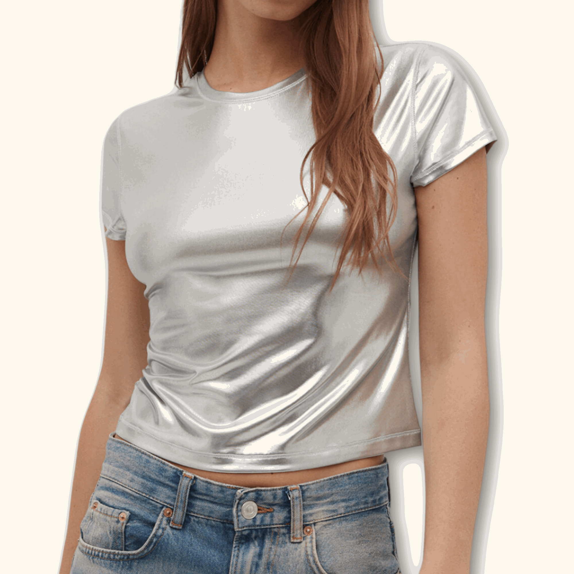 Stradivarius Metallic Shiny Silver T-Shirt - Size Small - - Tops & Shirts