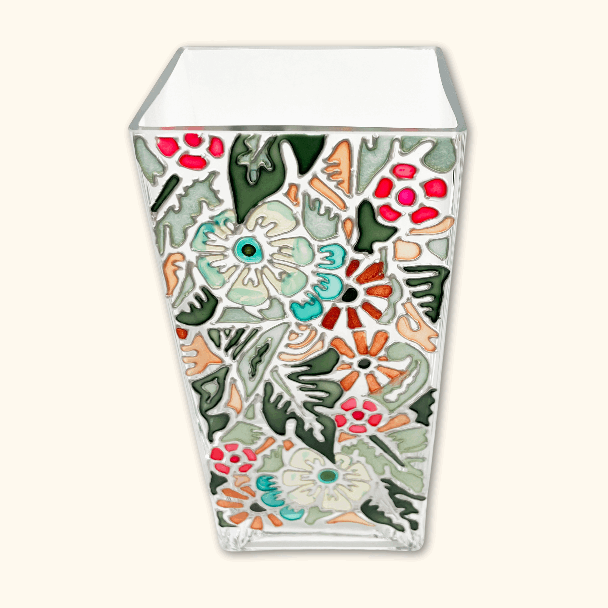 Tall Floral Rectangle Glass Vase -  - Vases