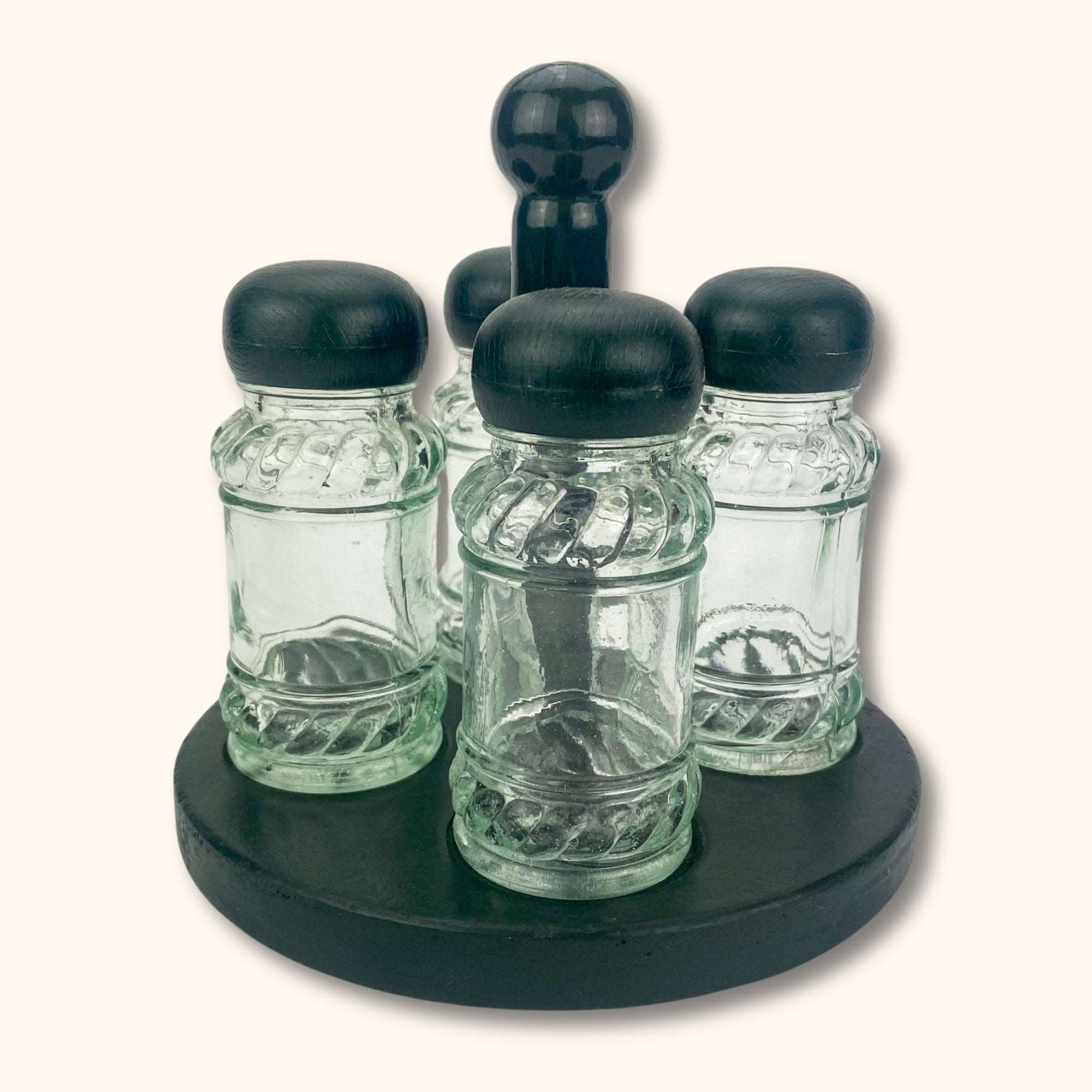 Dark Green Wood Circle Spice Rack Holder and Jars - - Kitchenware