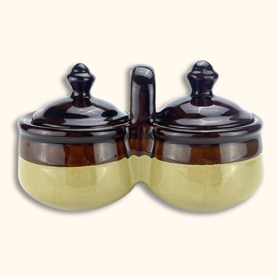 Vintage Stoneware Two-Tone Condiment Caddy with Lids -  - Kitchenware