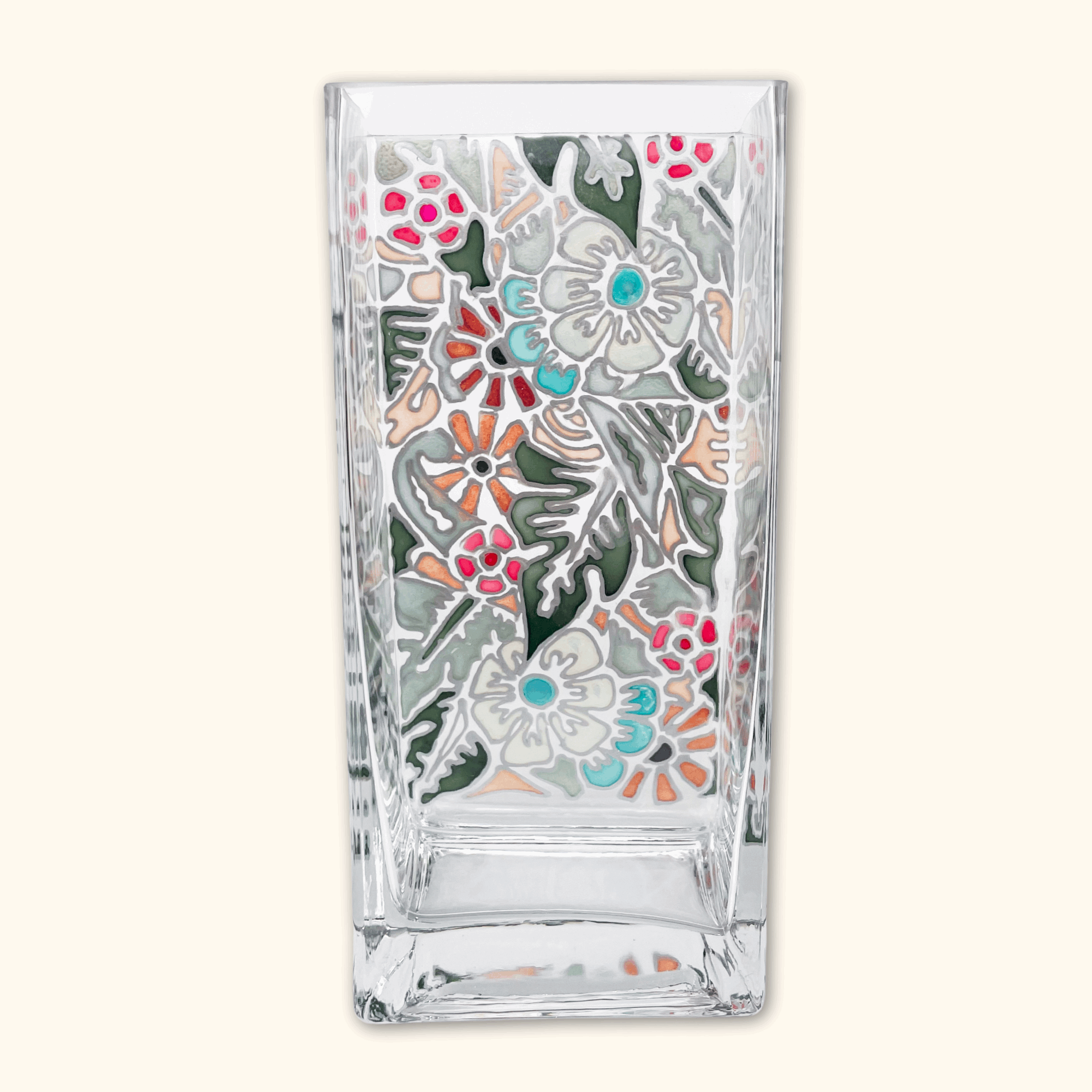 Tall Floral Rectangle Glass Vase -  - Vases