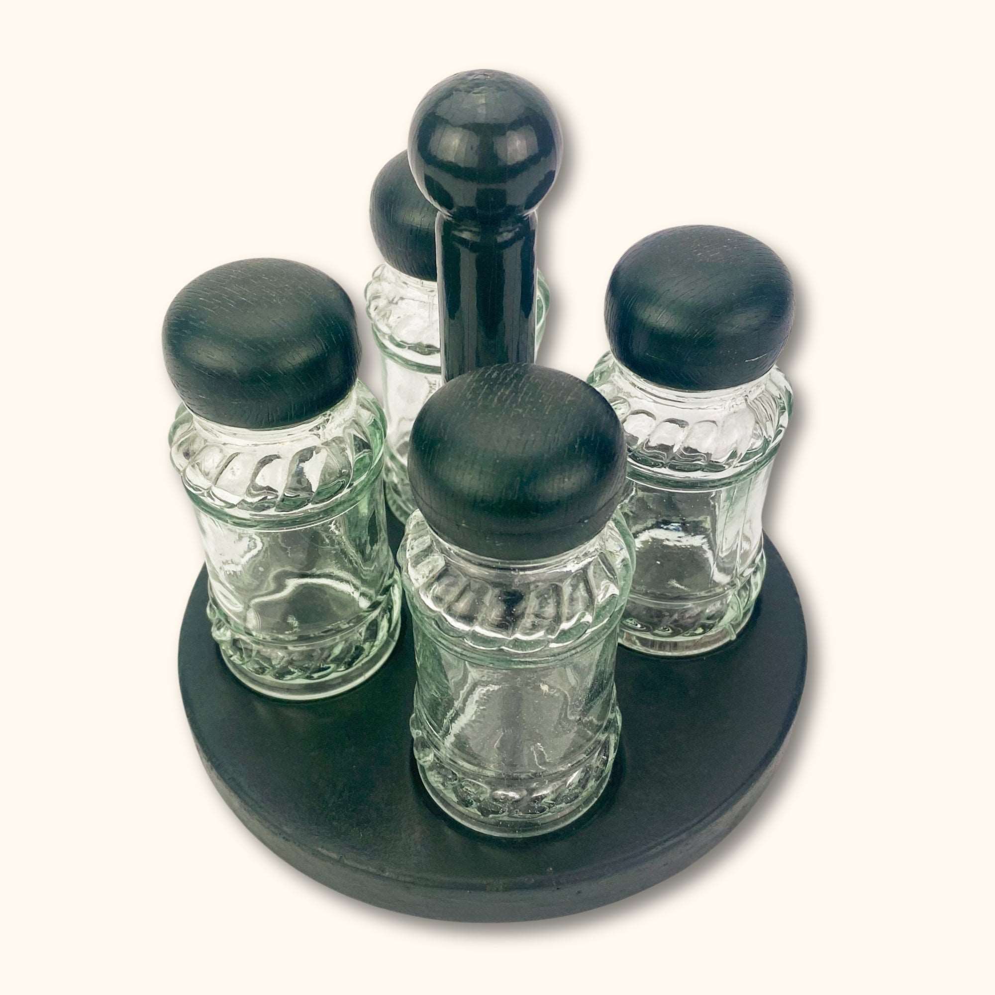 Dark Green Wood Circle Spice Rack Holder and Jars - - Kitchenware