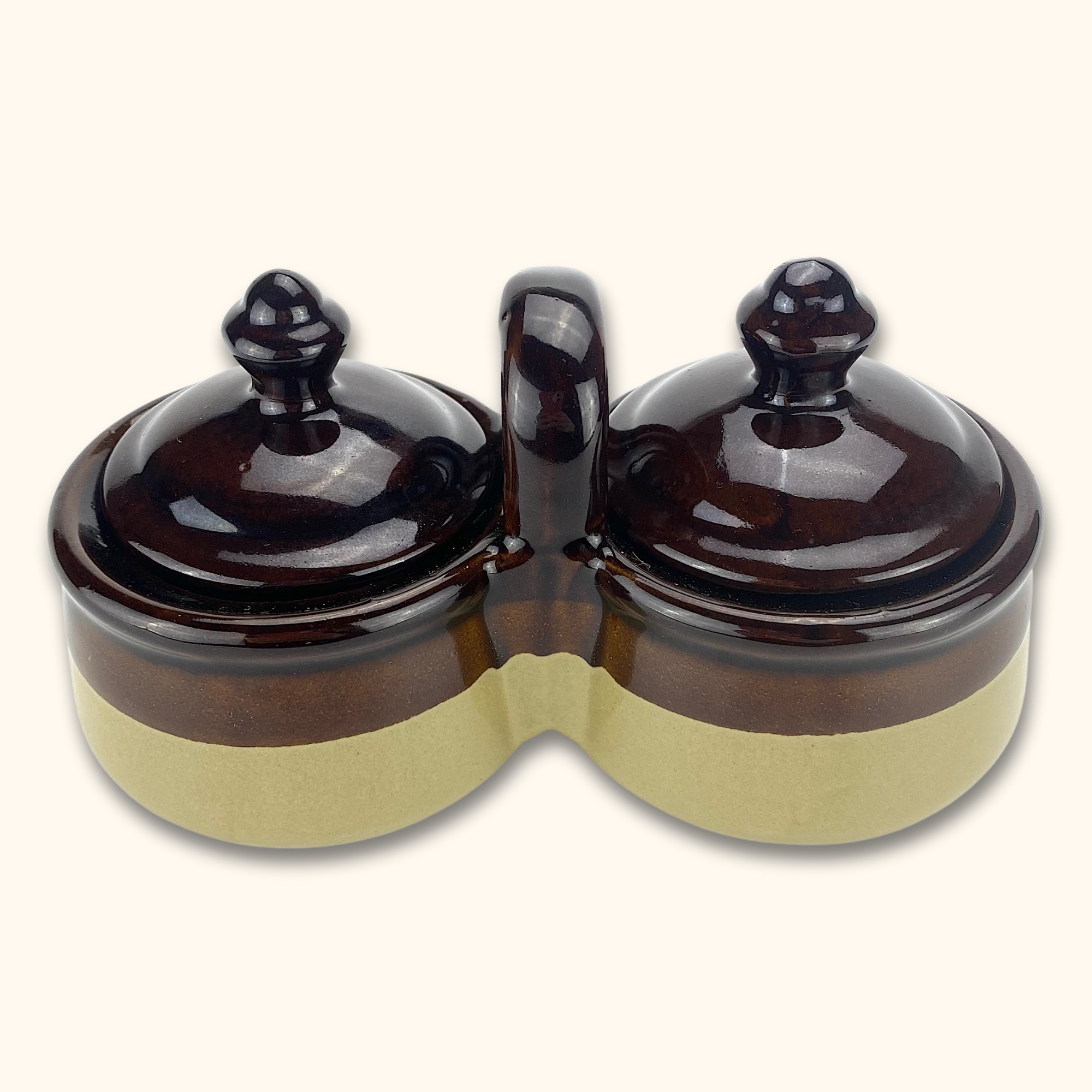 Vintage Stoneware Two-Tone Condiment Caddy with Lids -  - Kitchenware
