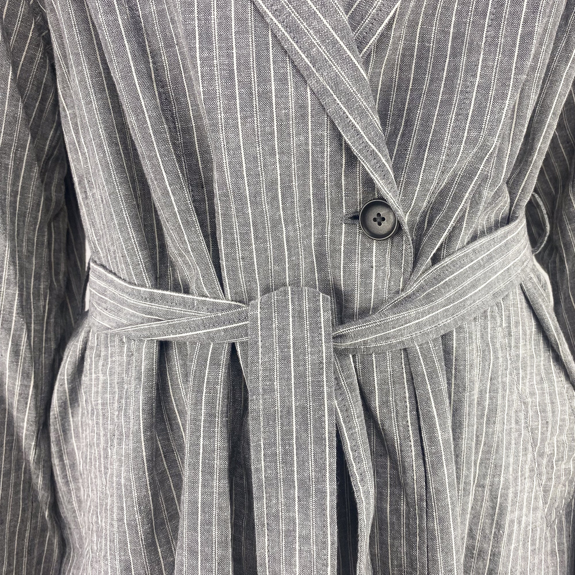 Uniqlo Cotton Linen Blend Grey Stripe Jacket with Belt - Medium - - Coats & jackets