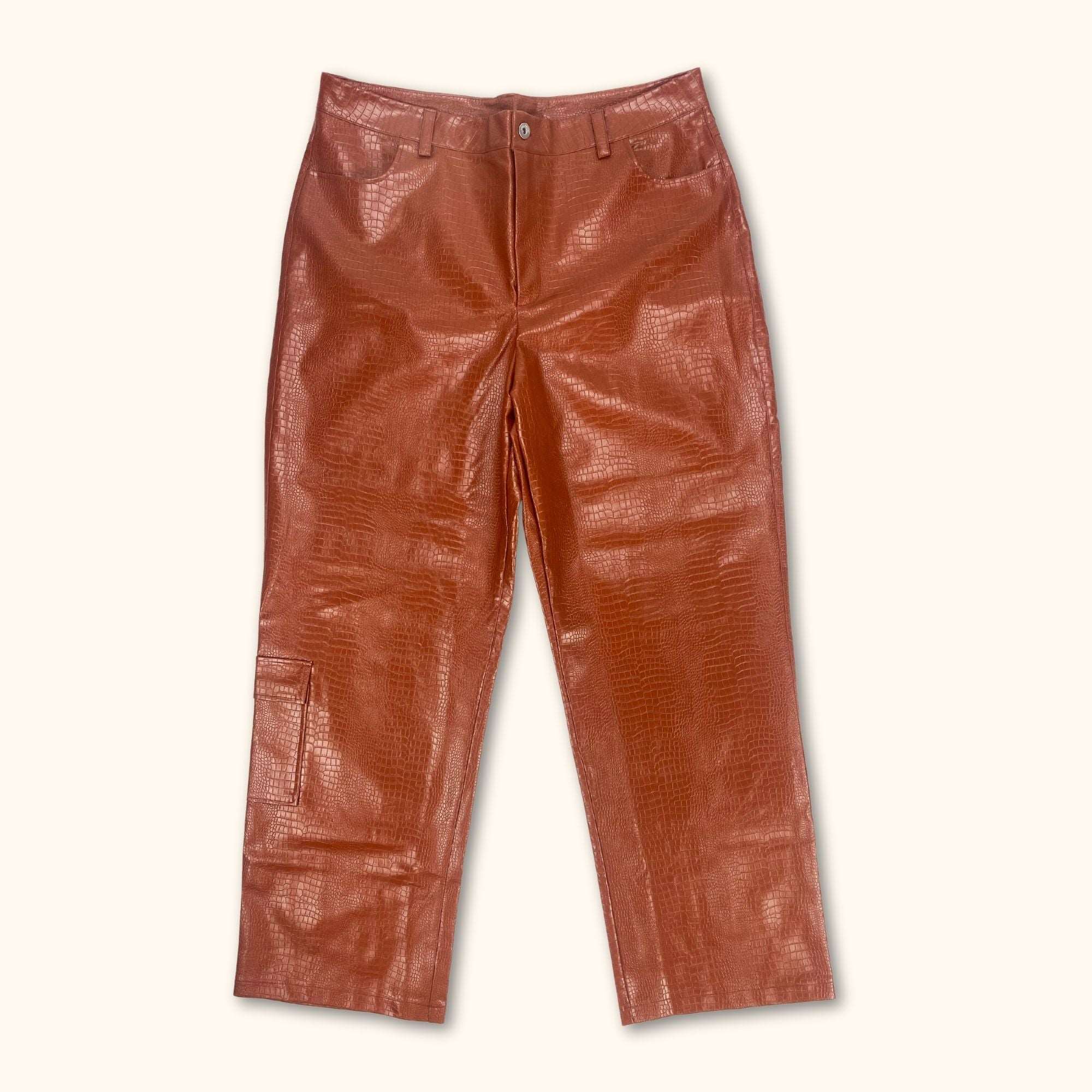ASOS Design Burnt Orange Croc Faux Leather Straight Leg Trousers - Size 18 -  - Jeans & Trousers