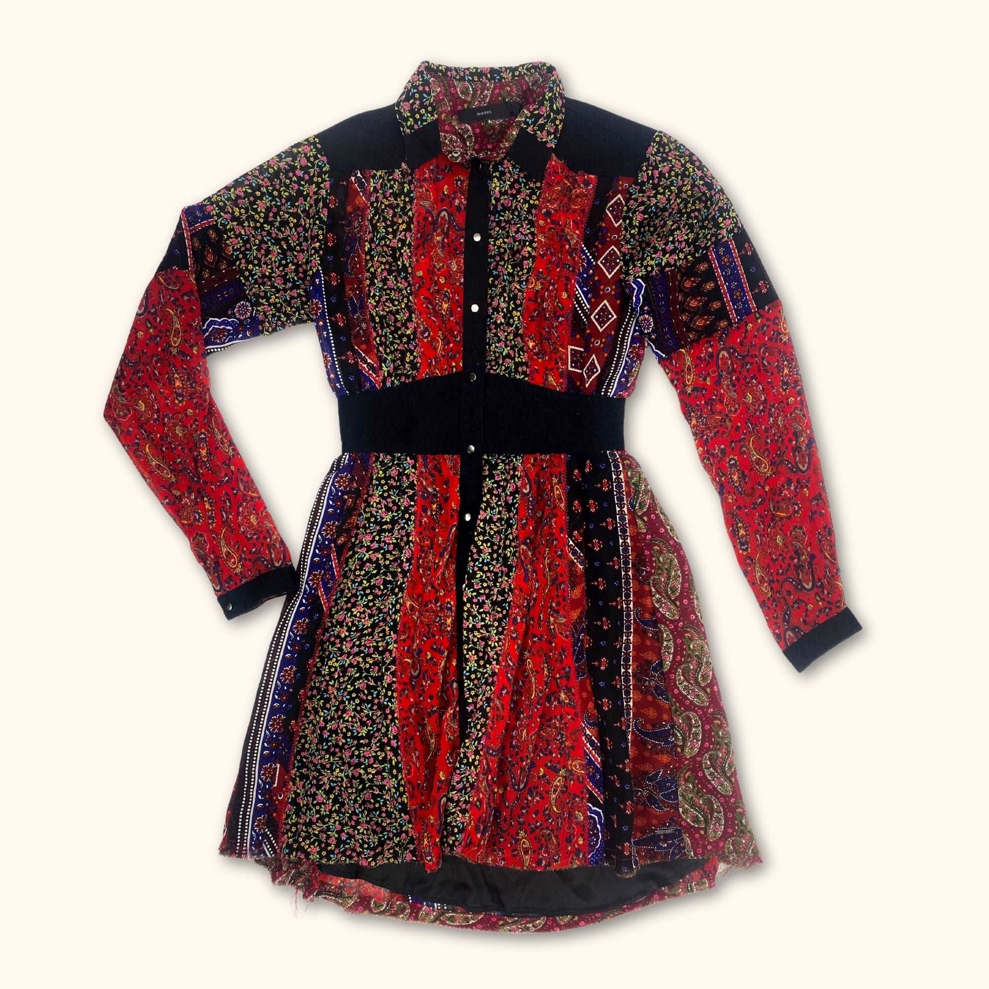 Diesel Red Floral Patchwork Long Sleeve Dress - Size XS - - Dresses