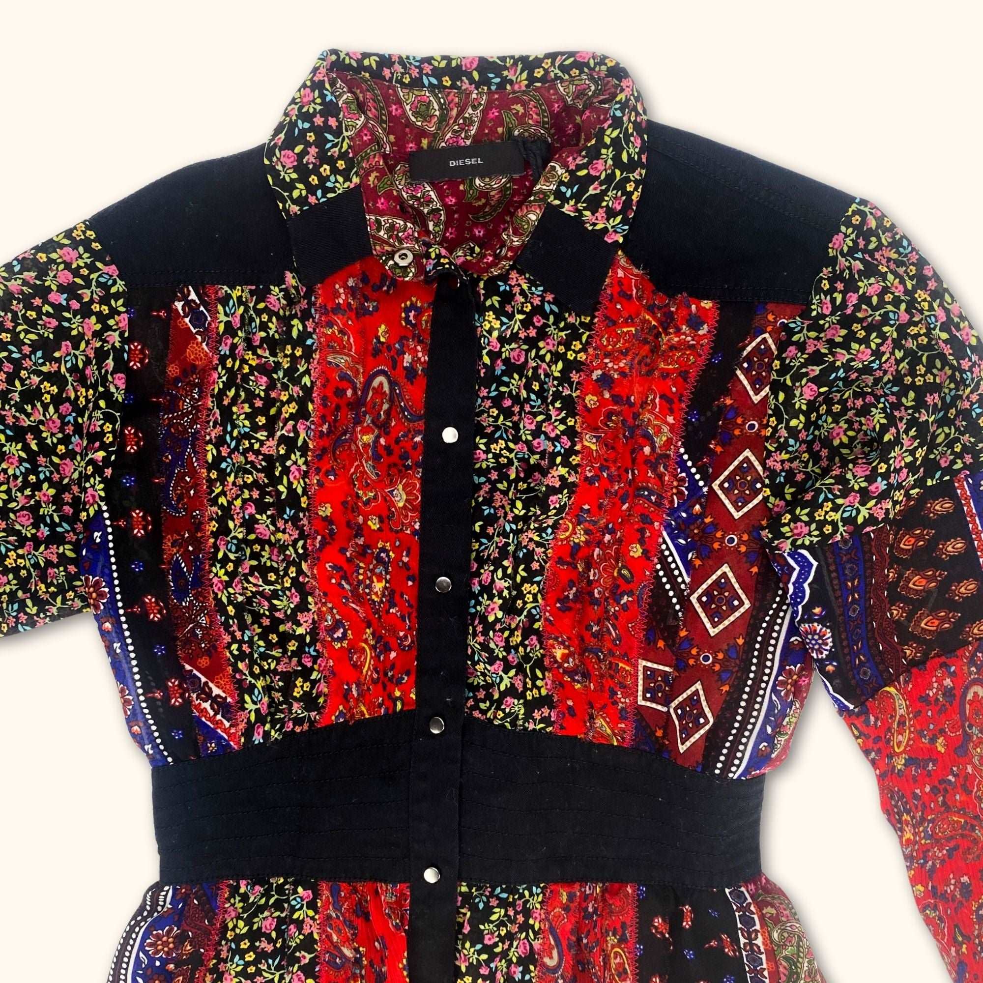 Diesel Red Floral Patchwork Long Sleeve Dress - Size XS - - Dresses