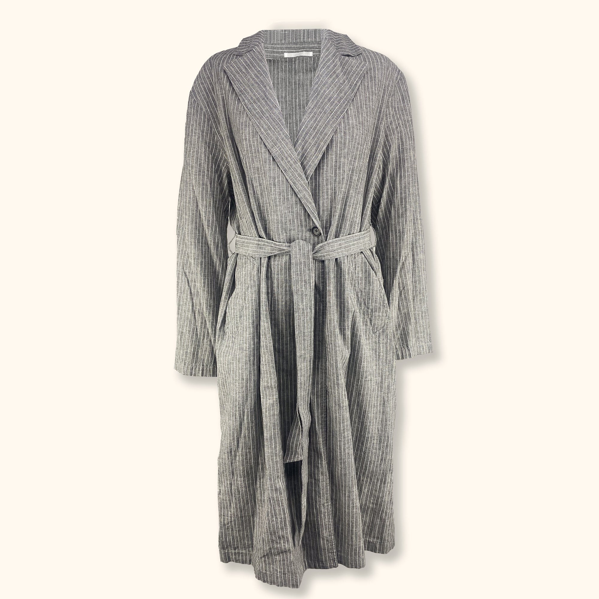 Uniqlo Cotton Linen Blend Grey Stripe Jacket with Belt - Medium - - Coats & jackets