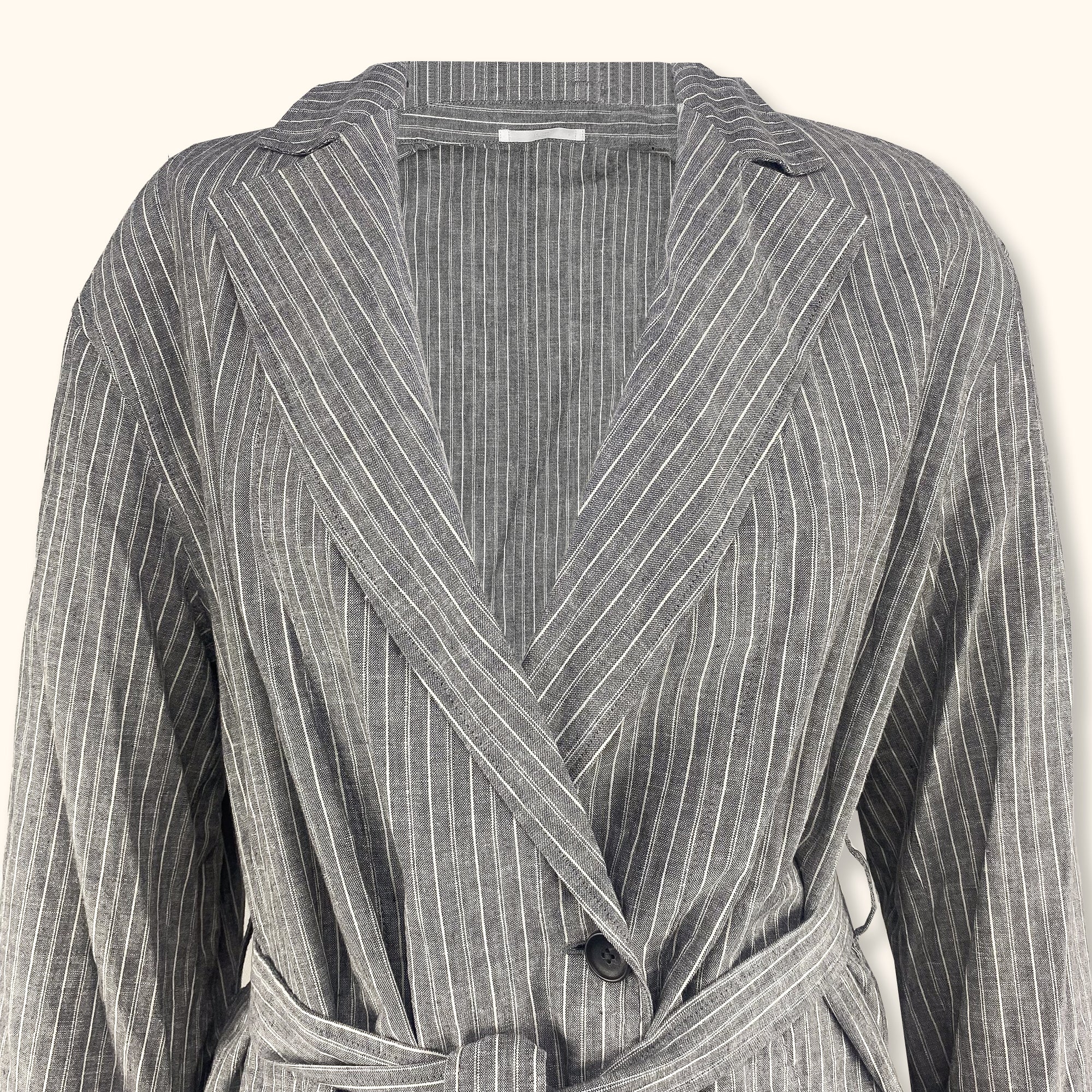 Uniqlo Cotton Linen Blend Grey Stripe Jacket with Belt - Medium - - Coats & jackets