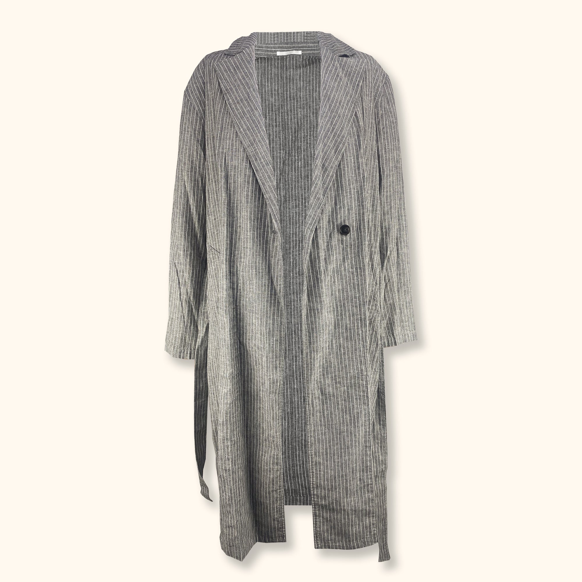 Uniqlo Cotton Linen Blend Grey Stripe Jacket with Belt - Medium - - Coats & jackets