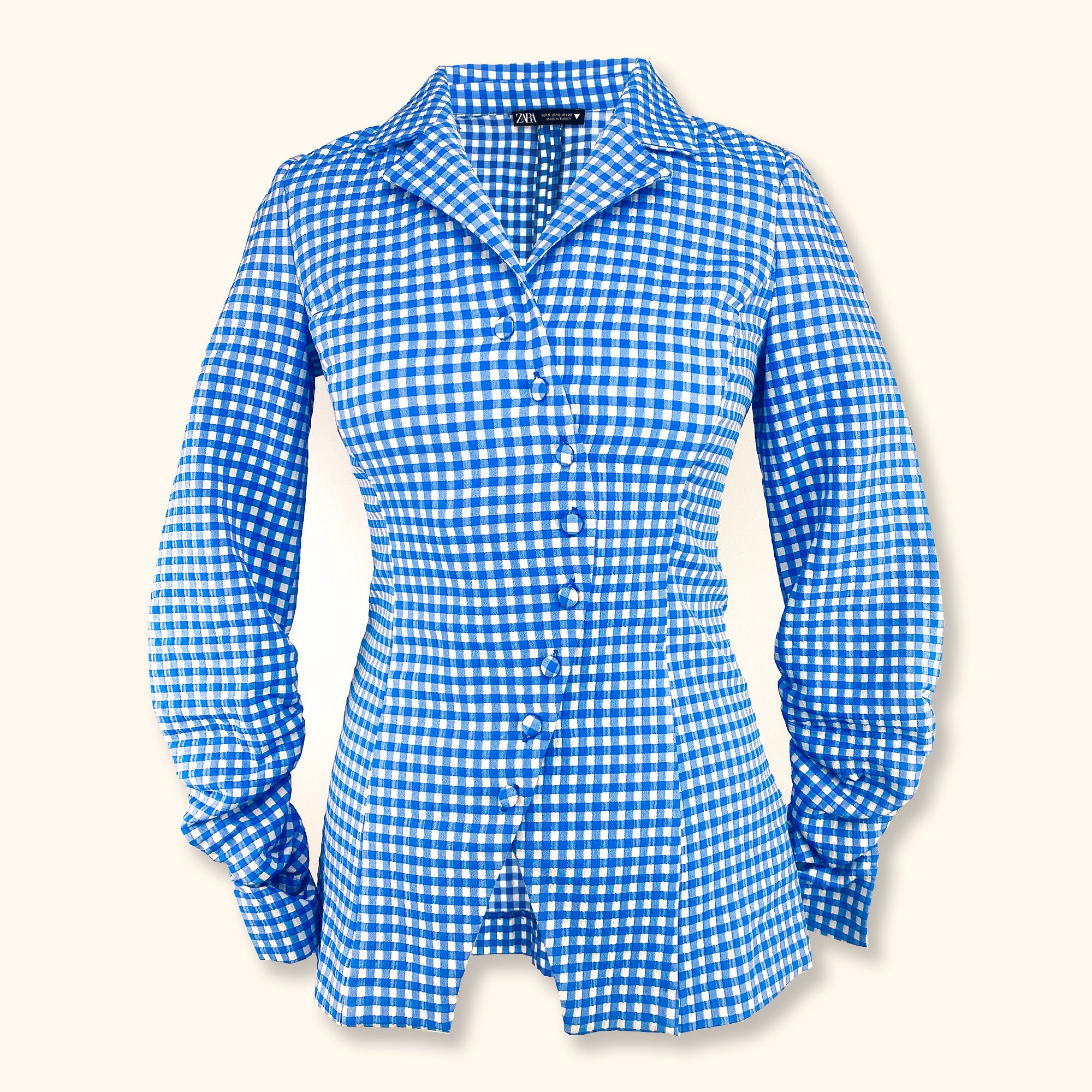 Zara Blue Gingham Asymmetric Blazer - Size Small Sunshine Thrift Zara Blue Gingham Asymmetric Blazer - Size Small Sunshine Thrift