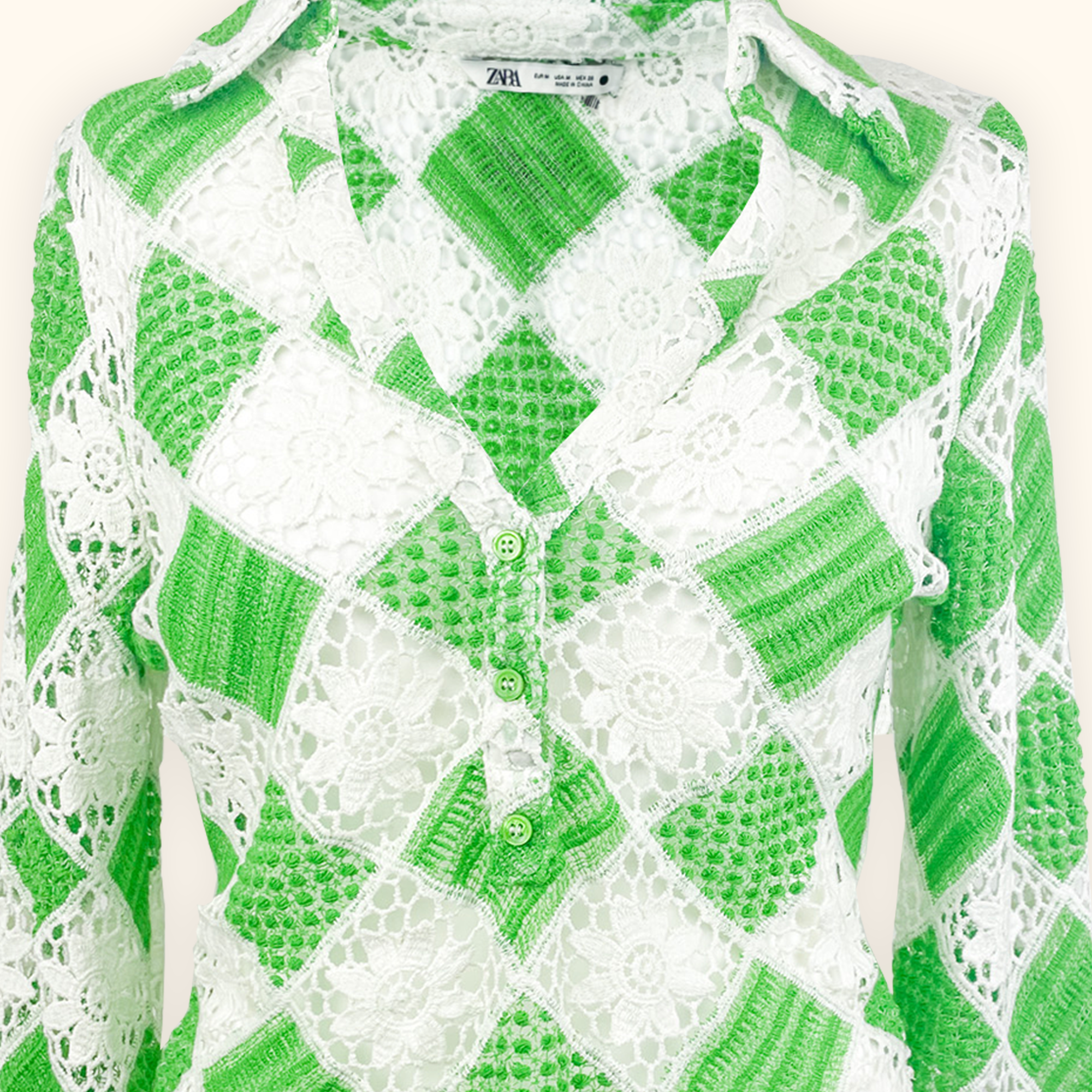 Zara Green and White Floral Crochet Long Sleeve Shirt - Size Medium Sunshine Thrift