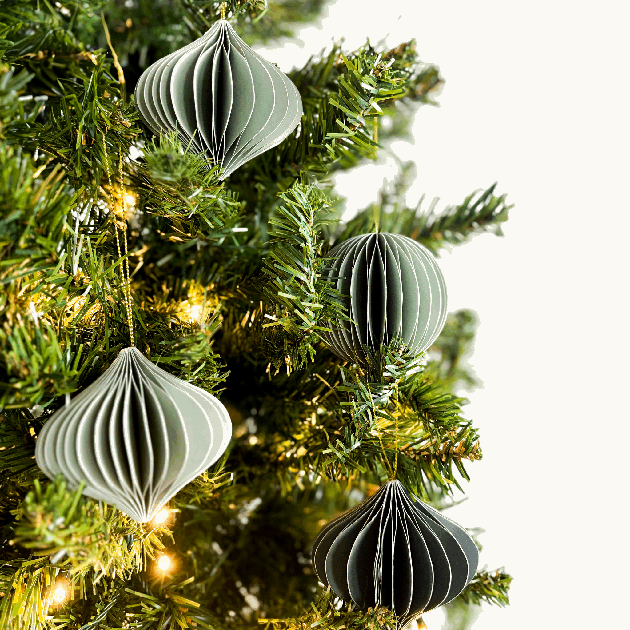 Grey Green Honeycomb Paper Christmas Baubles Set of 4 Sunshine Thrift