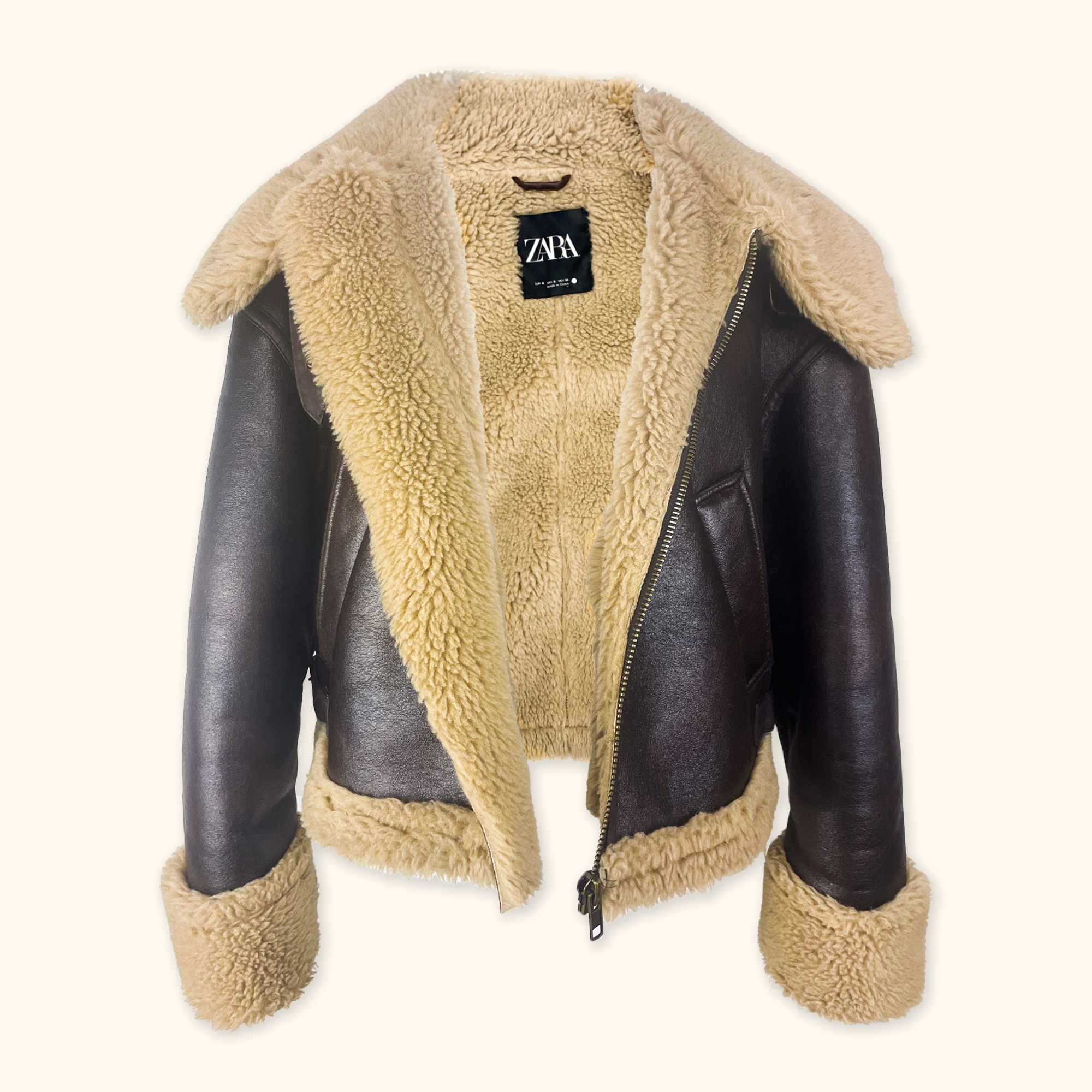 Zara Brown Borg Aviator Biker Jacket - Size Small Zara