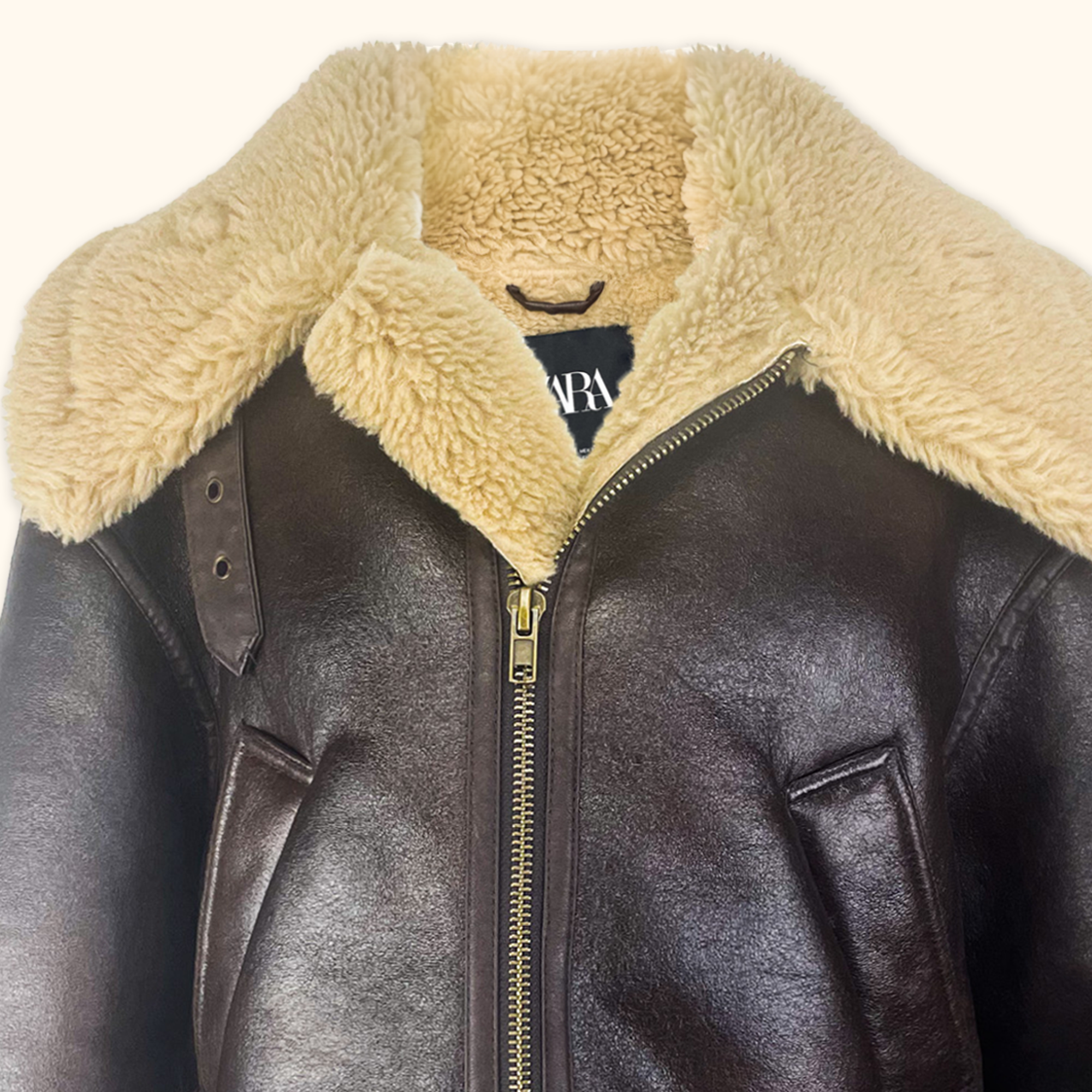 Zara Brown Borg Aviator Biker Jacket - Size Small Zara