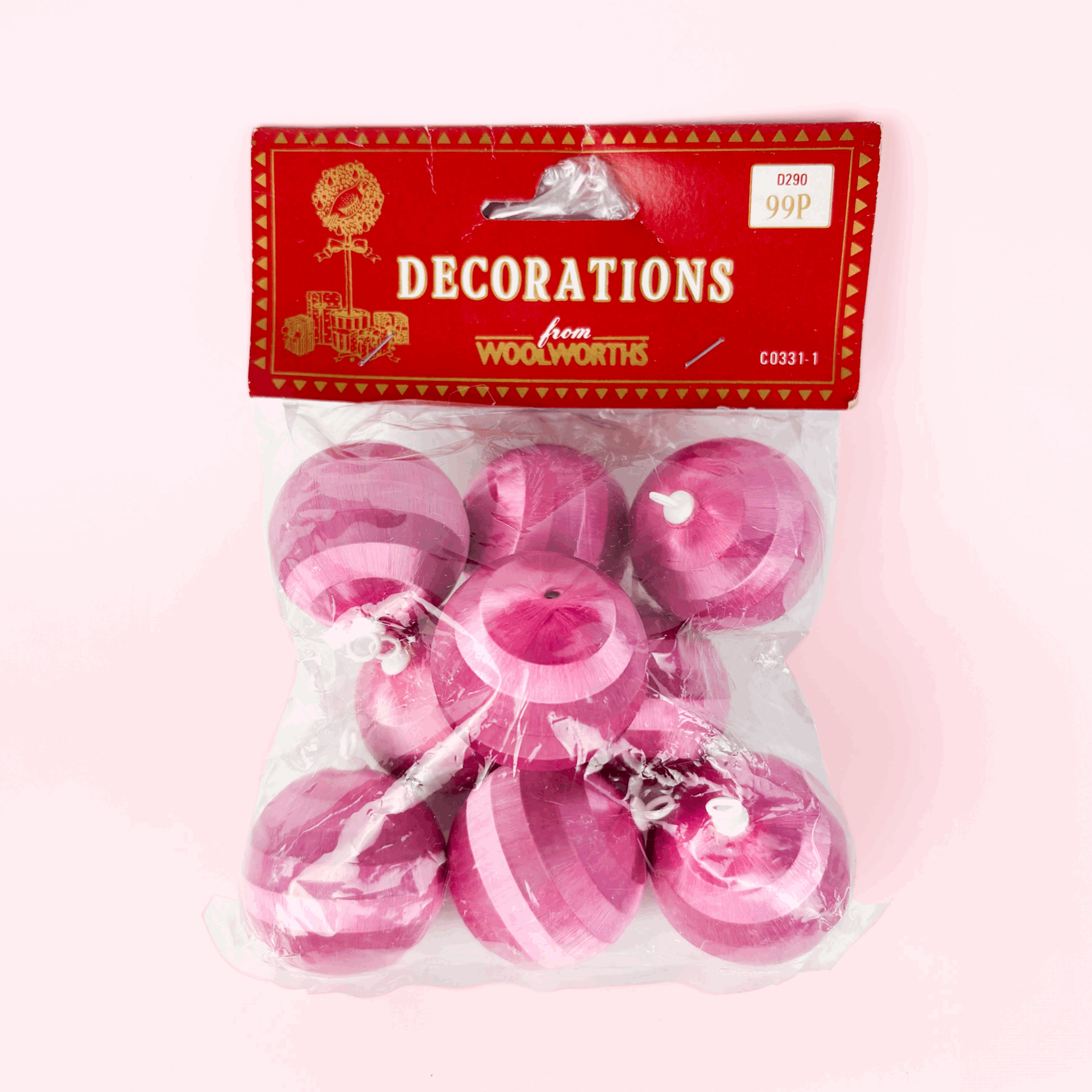Vintage Woolworths Pink Silk Spun Mini Baubles Set of 9 Woolworths