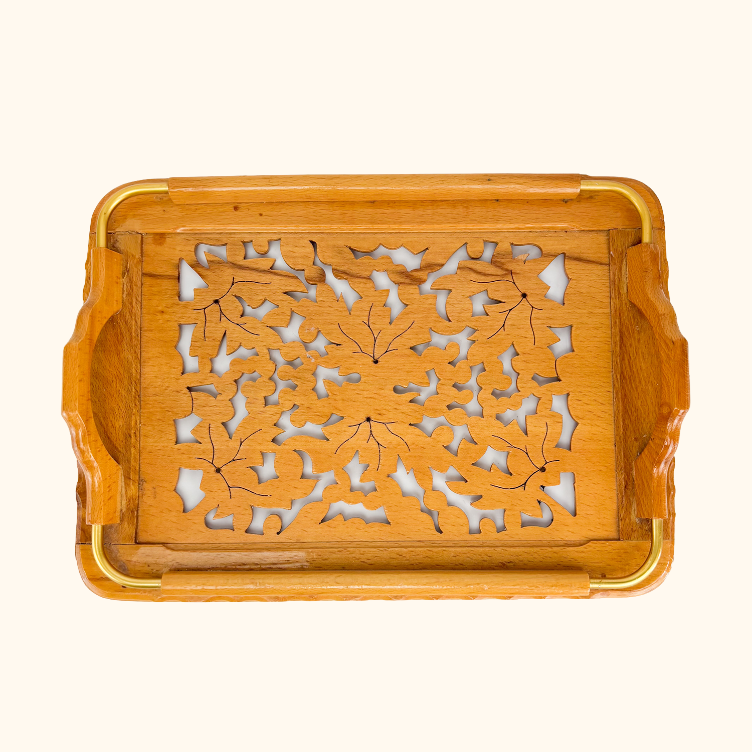 Hand Carved Wood Cut Out Serving Tray Vintage 1980s Sunshine Thrift