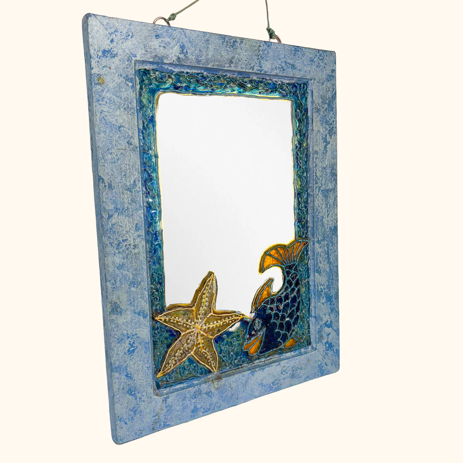 Stained Glass Wood Mirror Blue Fish Starfish Sunshine Thrift