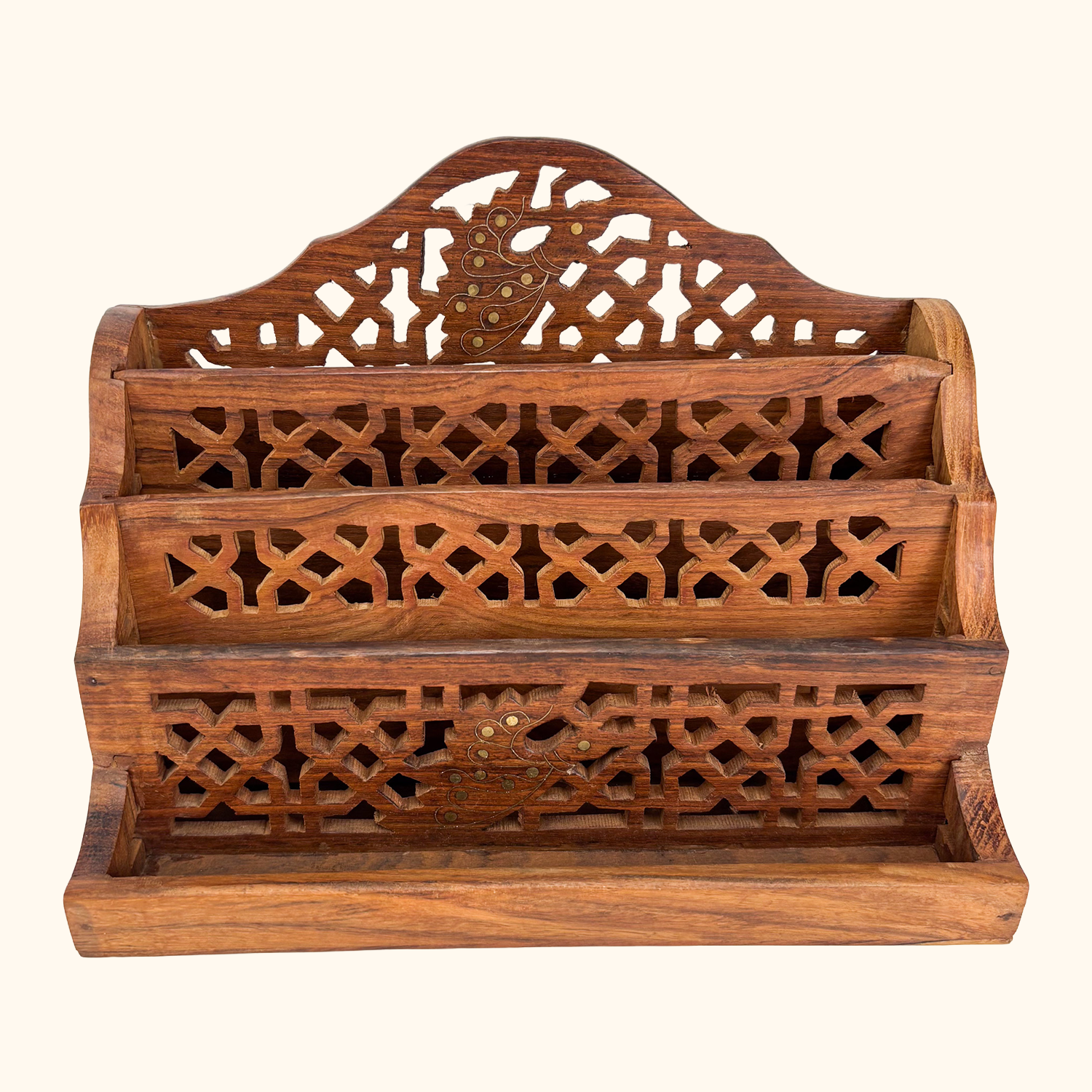 Hand Carved Walnut Letter Rack Brass Inlay Sunshine Thrift