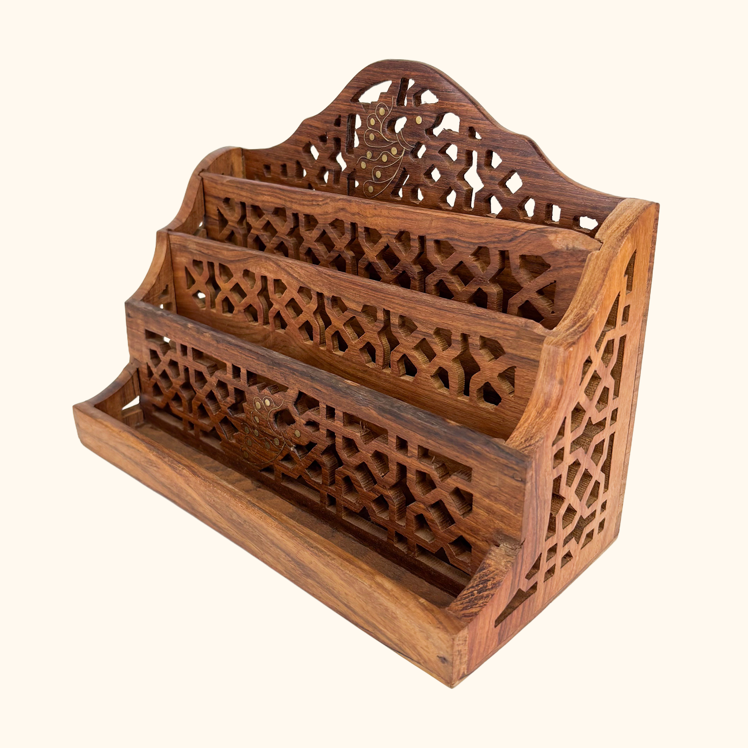 Hand Carved Walnut Letter Rack Brass Inlay Sunshine Thrift