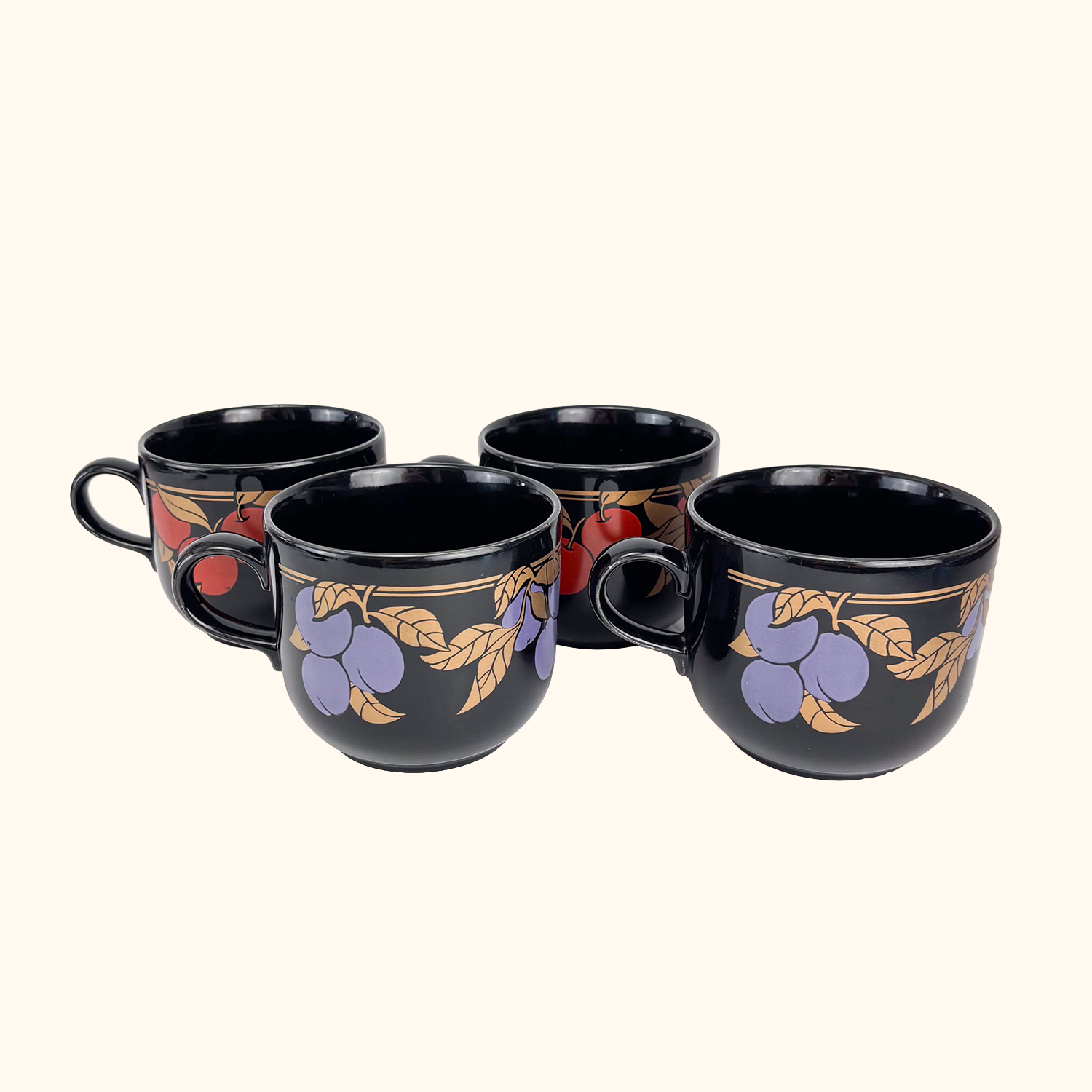 Kiln Craft Black Mugs Plums Apples Vintage 1970s - Set of 4 Kiln Craft