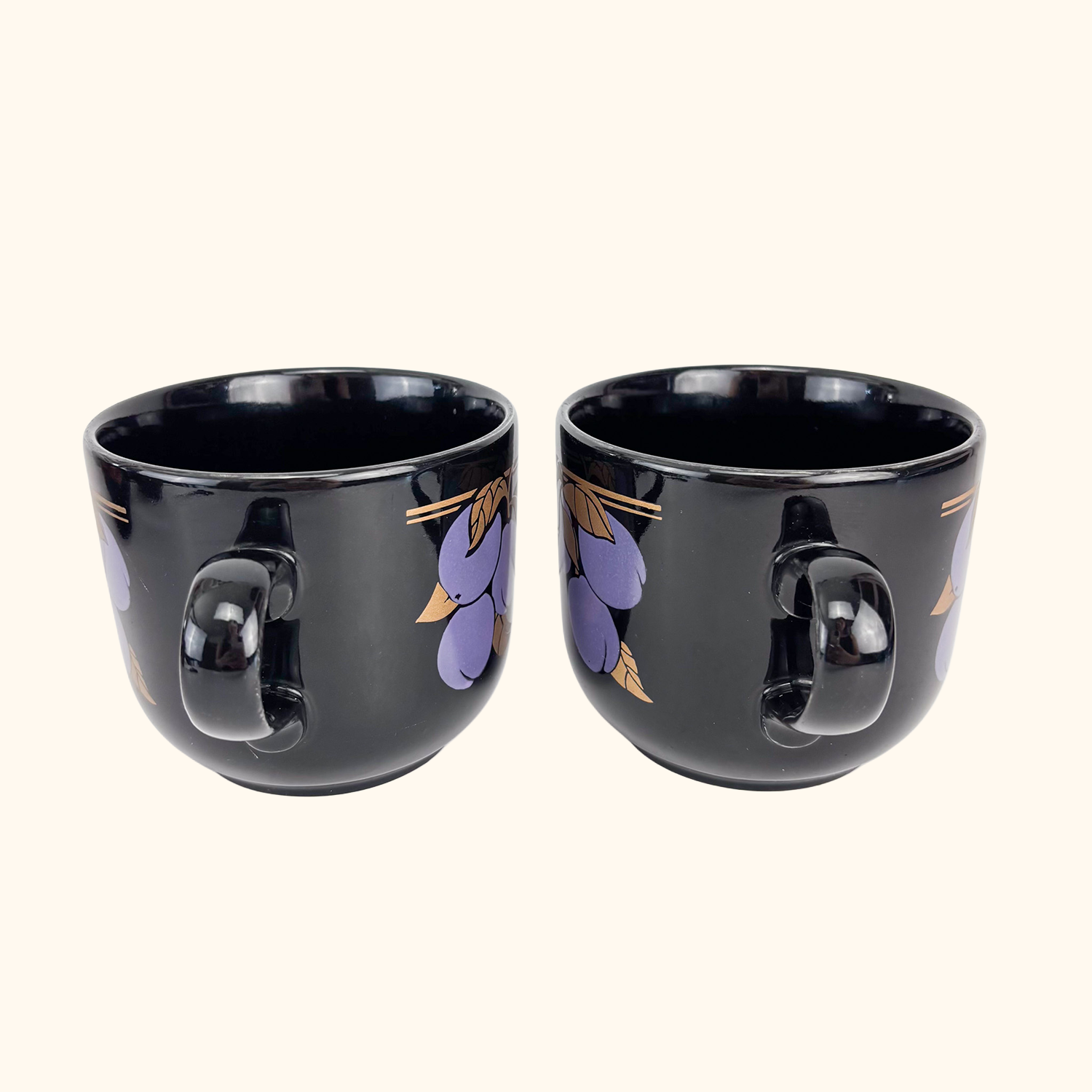 Kiln Craft Black Mugs Plums Apples Vintage 1970s - Set of 4 Kiln Craft