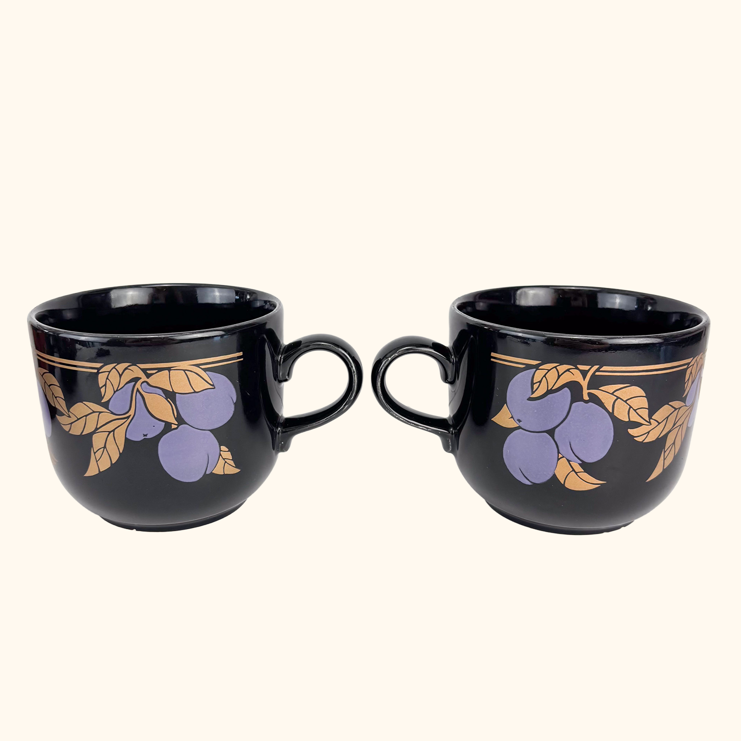 Kiln Craft Black Mugs Plums Apples Vintage 1970s - Set of 4 Kiln Craft