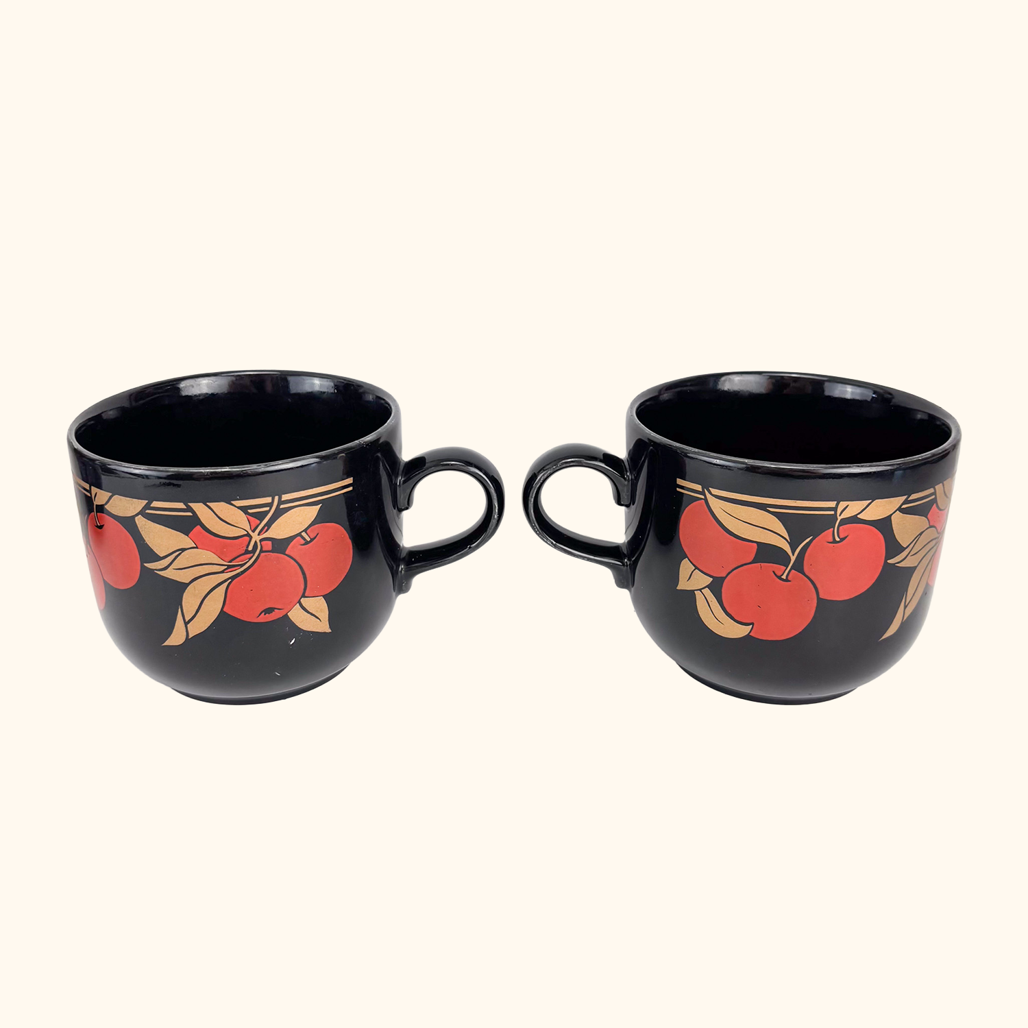 Kiln Craft Black Mugs Plums Apples Vintage 1970s - Set of 4 Kiln Craft
