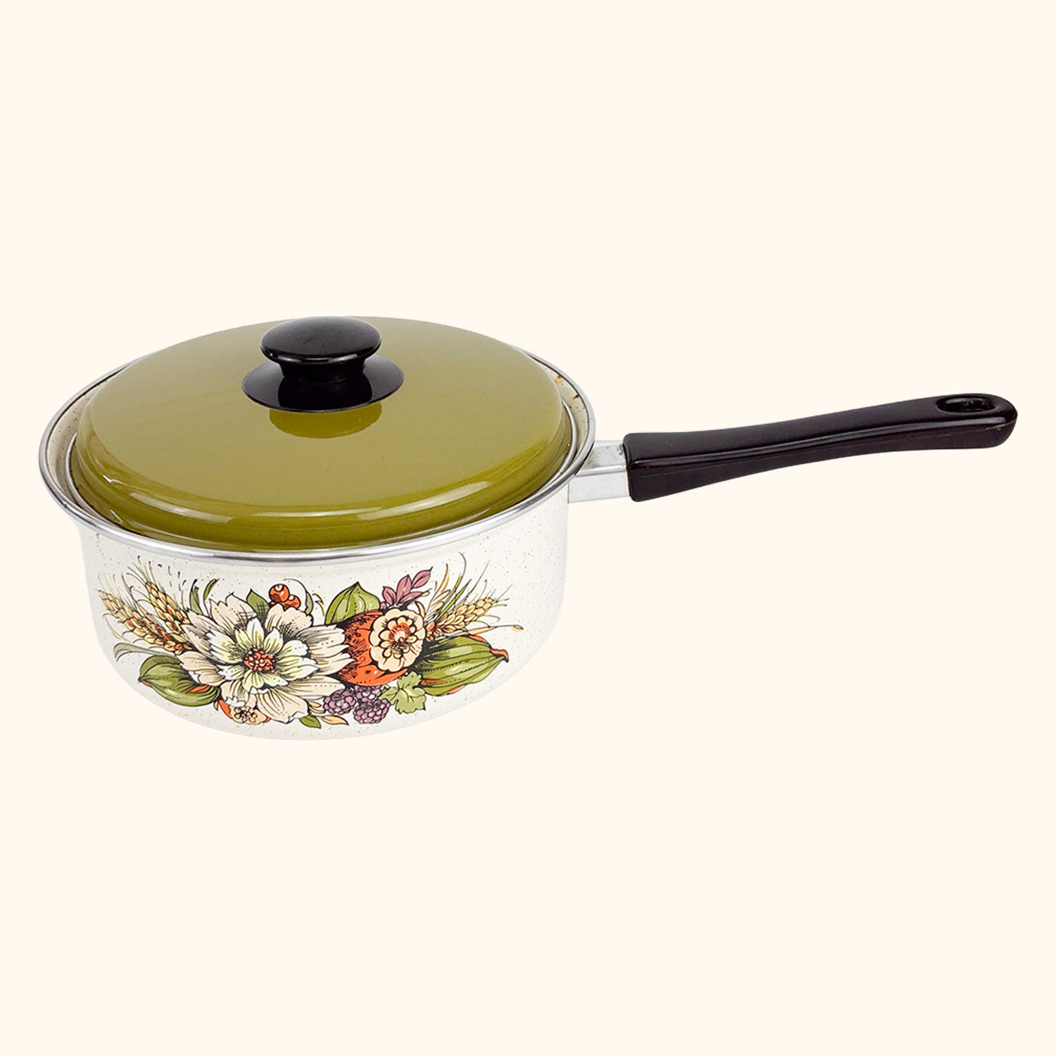 Vintage 1980s Green Enamel Pan with Lid Fruit Vegetable Sunshine Thrift