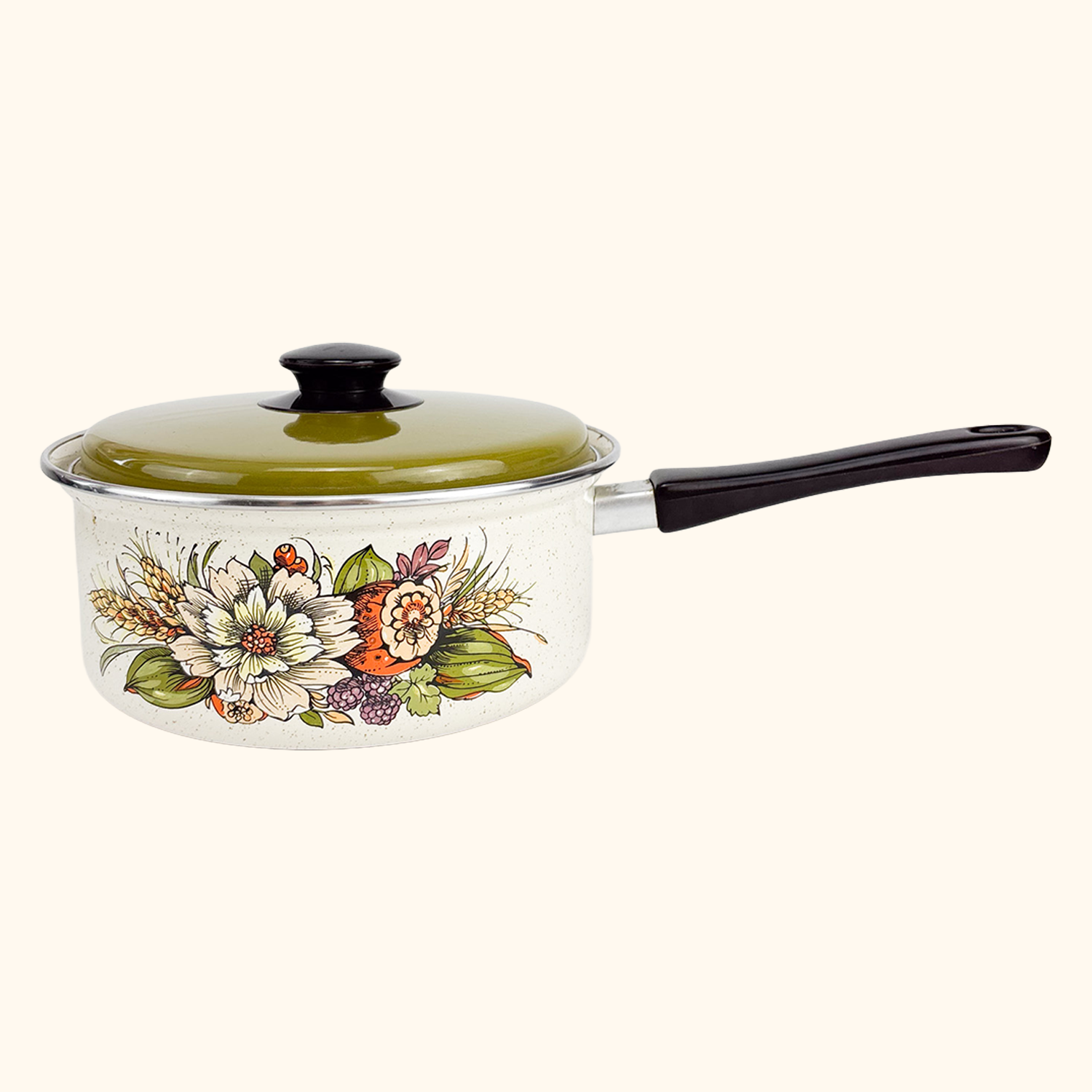 Vintage 1980s Green Enamel Pan with Lid Fruit Vegetable Sunshine Thrift