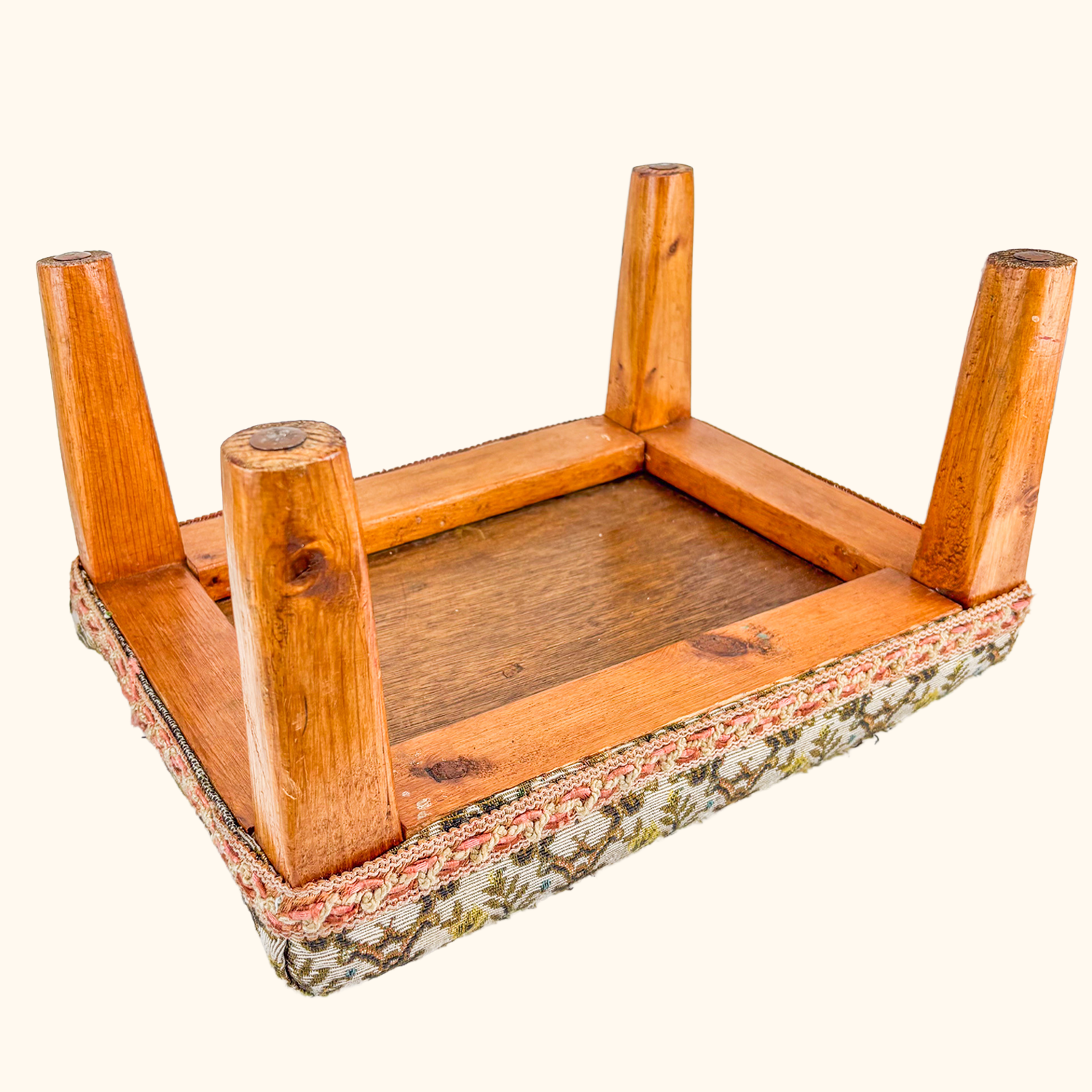 Damask Upholstered Footstool Teak Wood Legs Sunshine Thrift