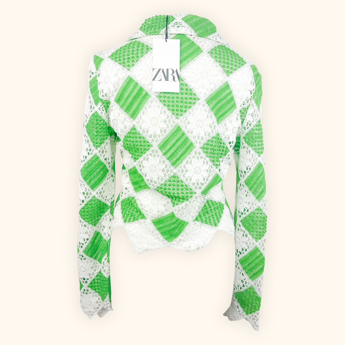 Zara Green and White Floral Crochet Long Sleeve Shirt - Size Medium Sunshine Thrift