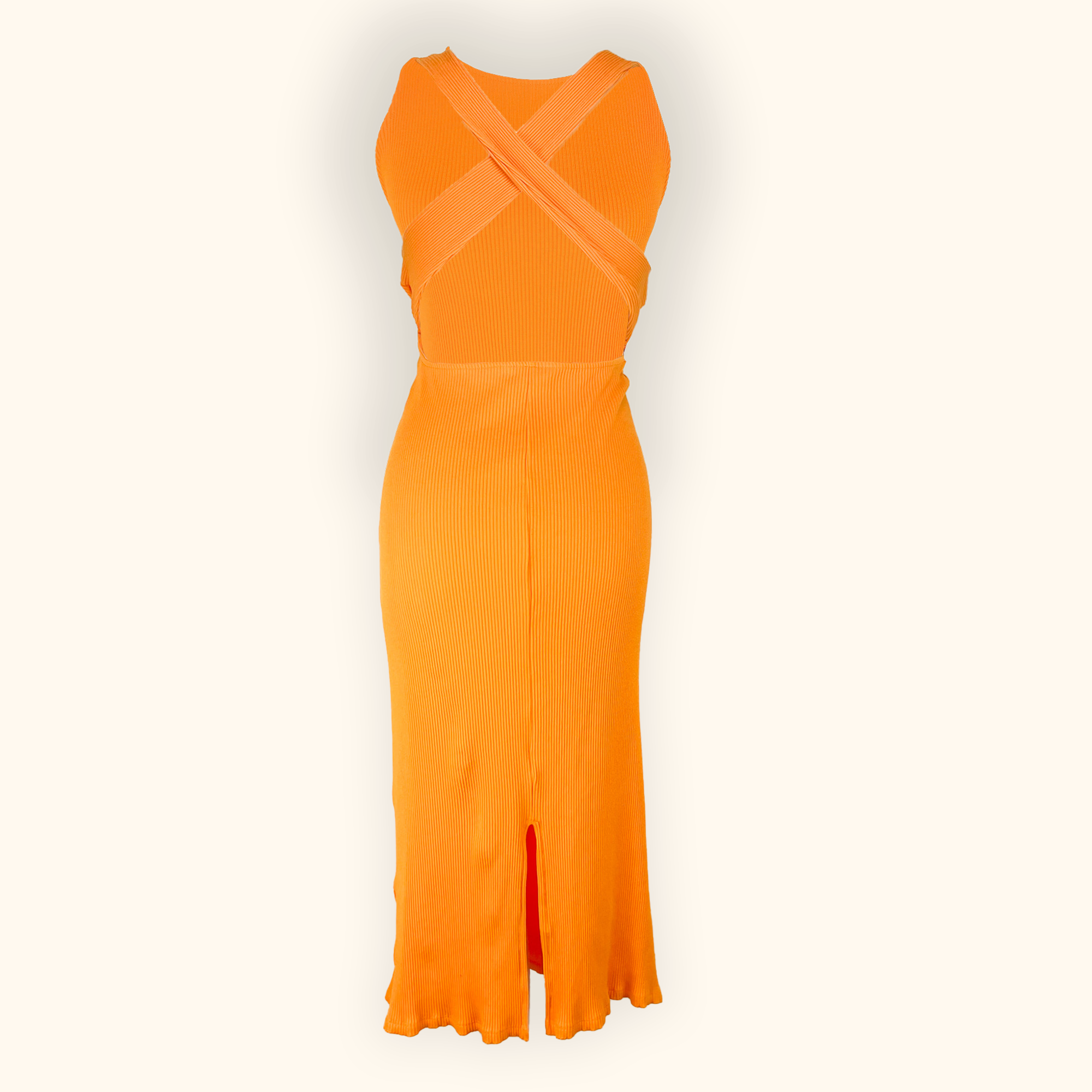 H&M Orange Fitted Ribbed Sleeveless Midi Dress - Size Large - - Dresses
