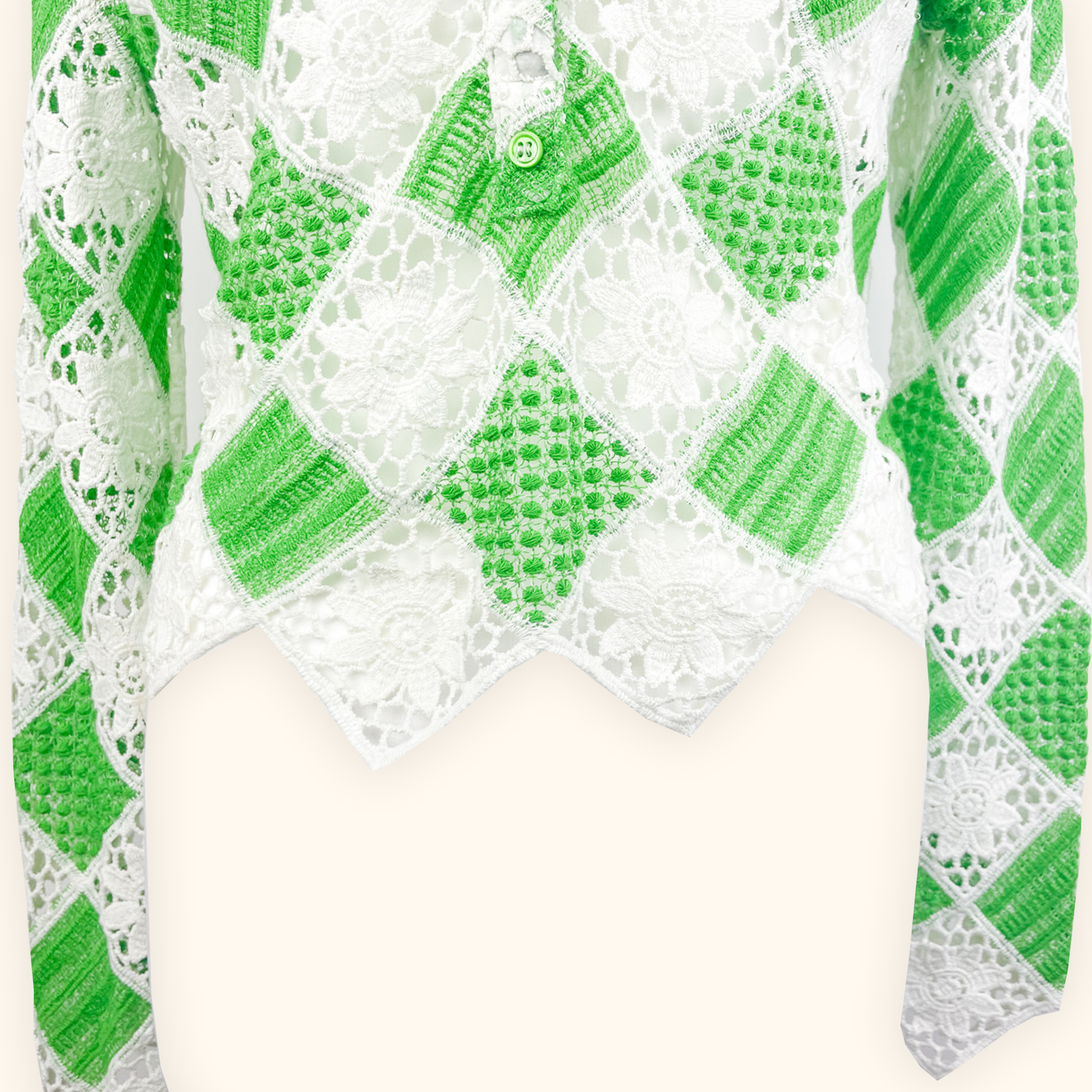 Zara Green and White Floral Crochet Long Sleeve Shirt - Size Medium Sunshine Thrift