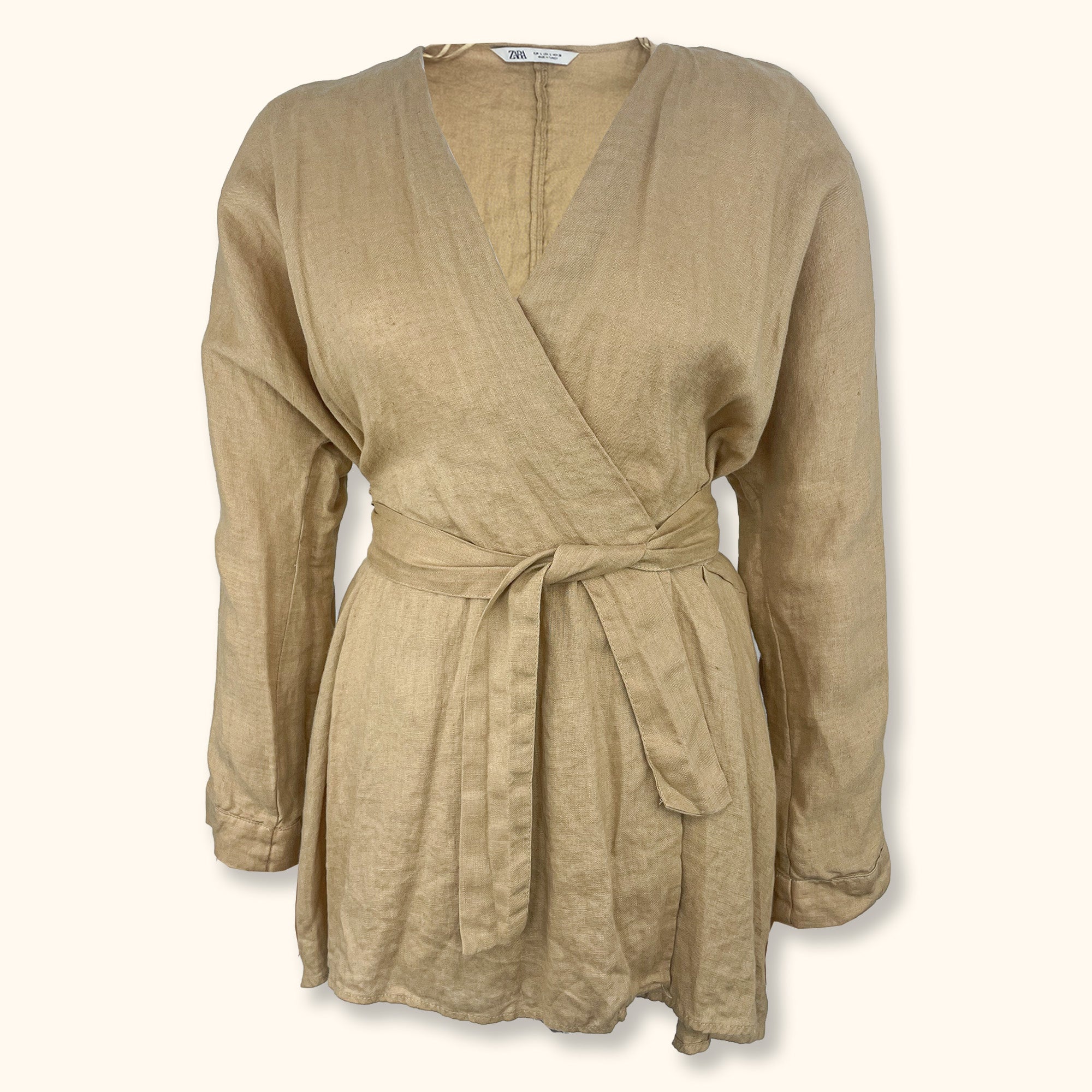 Zara Beige Linen Wrap Front Blouse - Size Large -  - Tops & Shirts