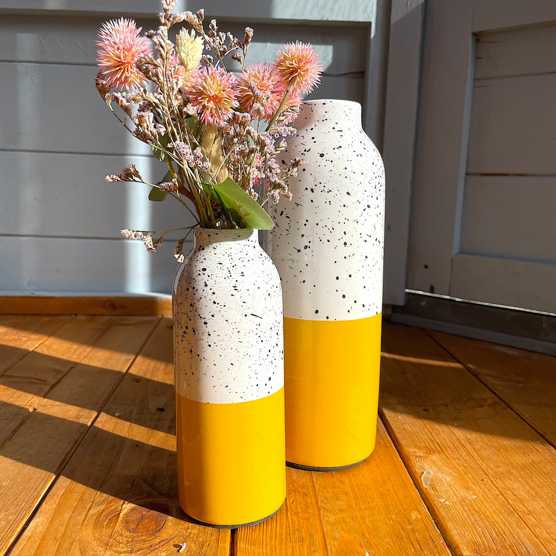 Stoneware Yellow Cylinder Vases - Pair of Two - Sunshine Thrift - Vases