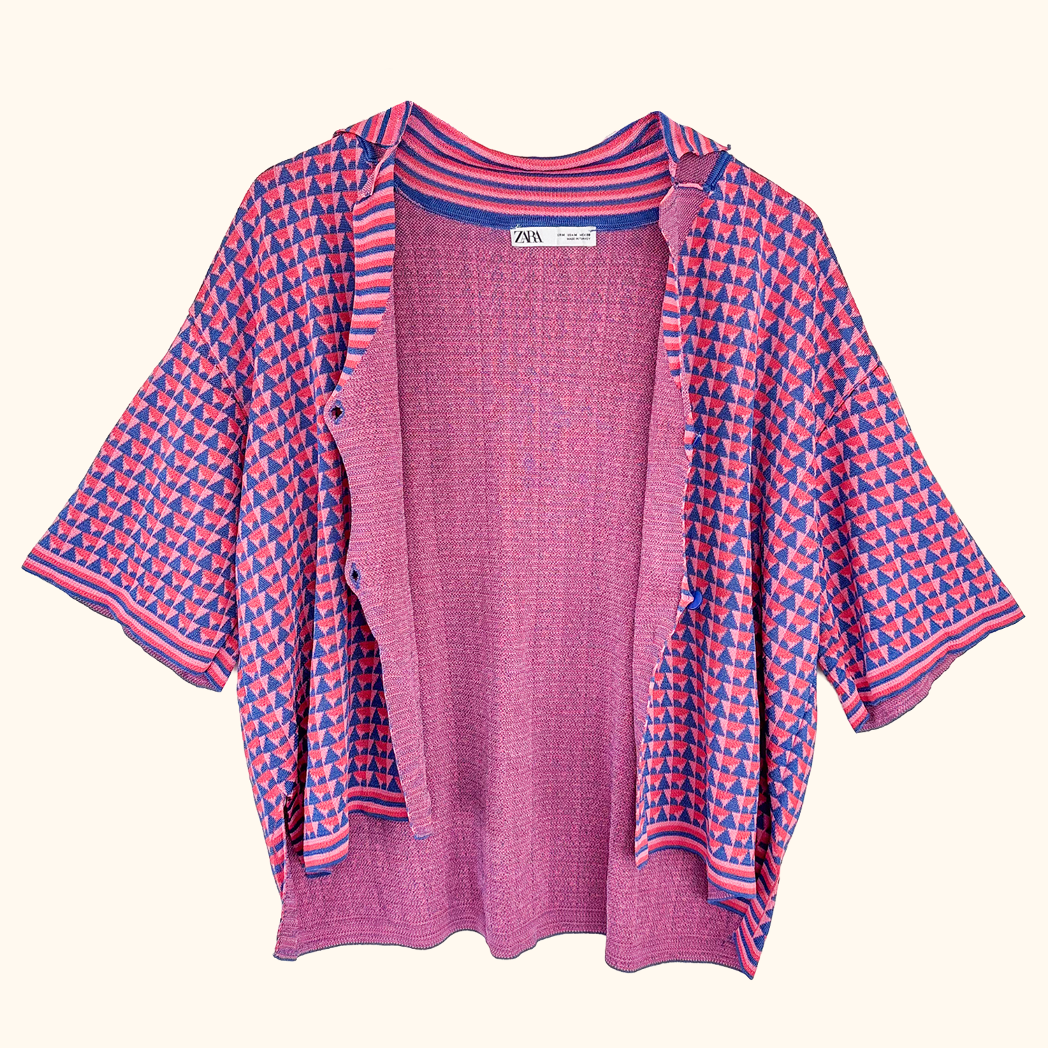 Zara Pink Geometric Short Sleeve Cardigan - Size Medium