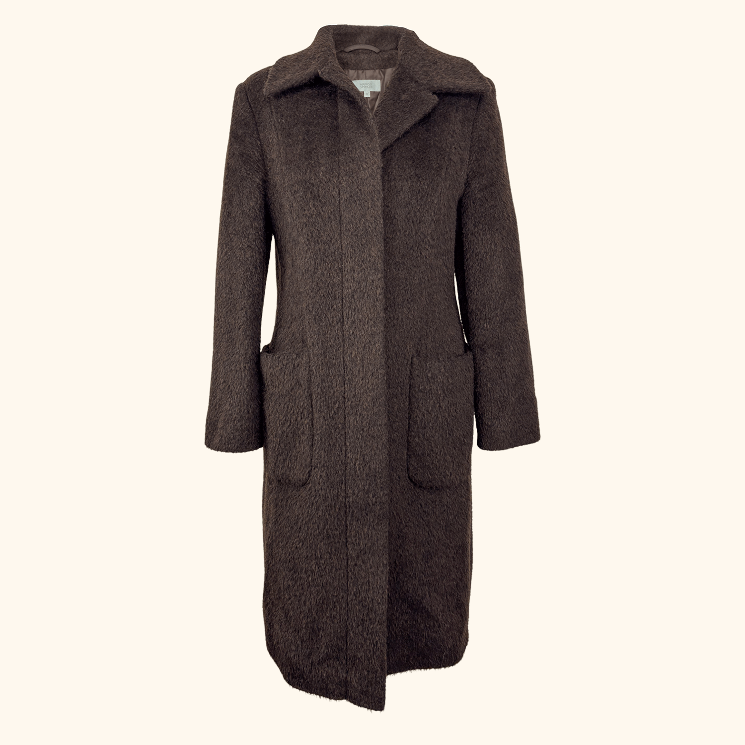 M&S Chocolate Brown Brushed Wool Blend Long Coat - Size 12 M&S