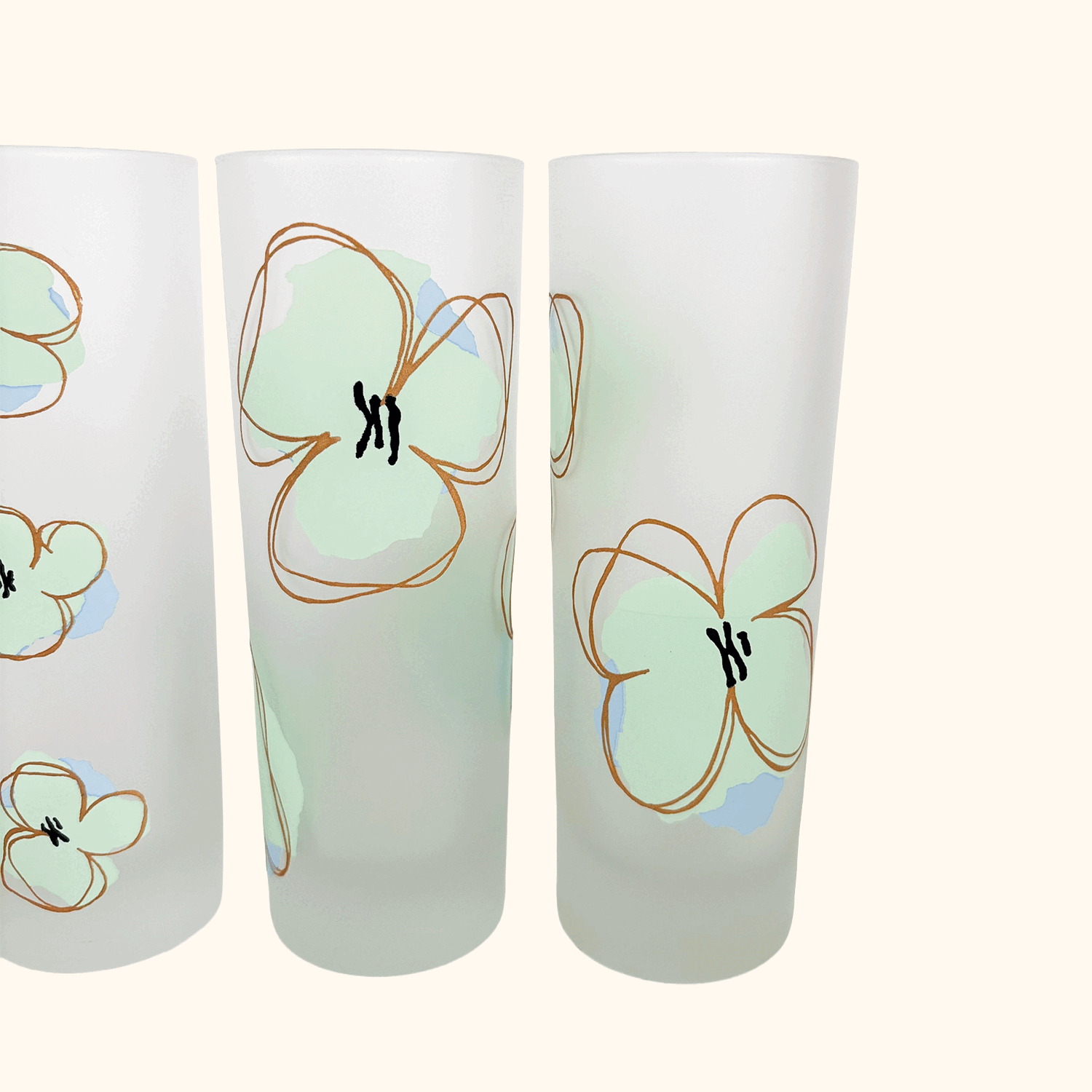 Mid Century Poppy Floral Frosted Highball Glasses - Set of 4